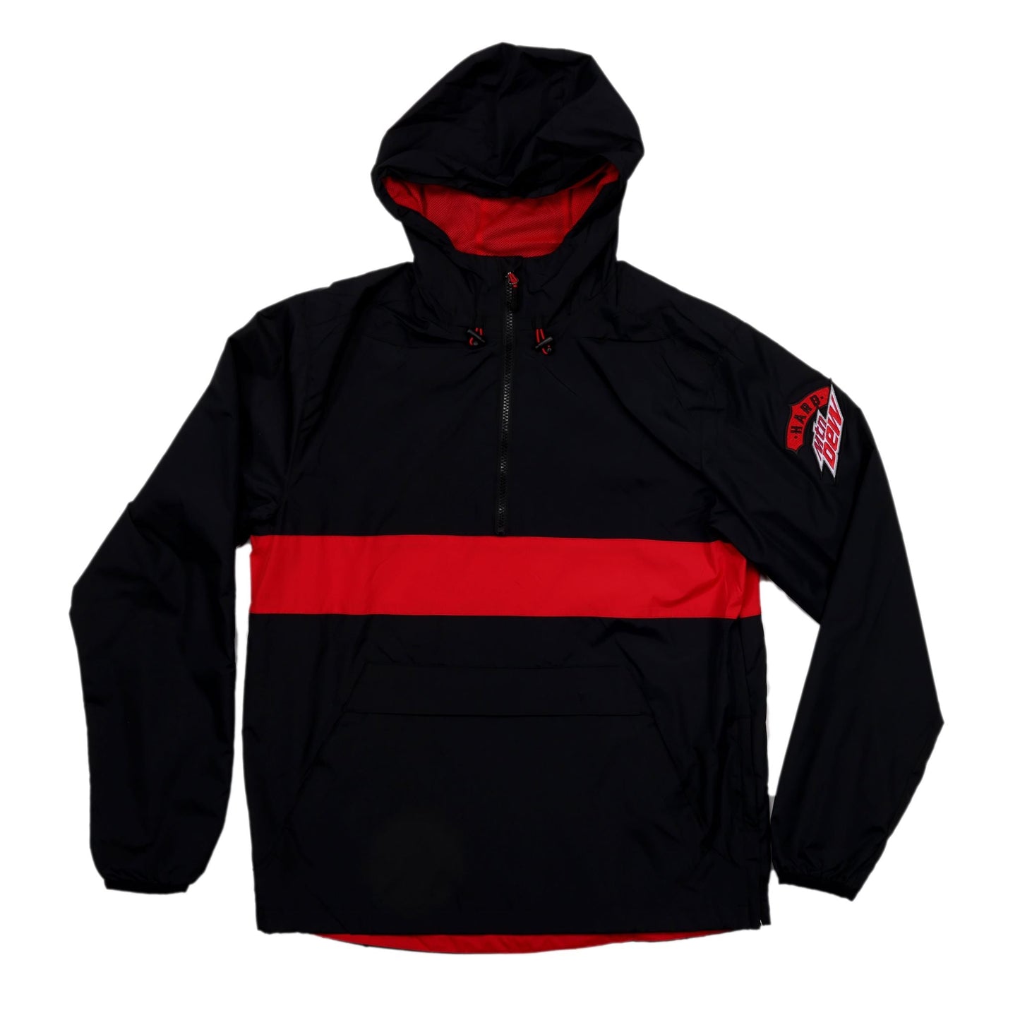 A black hooded windbreaker, laid flat, with a prominent horizontal red stripe across the chest and back. The inside of the hood is also red. The 'Hard Mtn Dew' logo is visible as a red and white patch on the left sleeve, near the shoulder. It has a half-zip closure with red zipper pulls.
