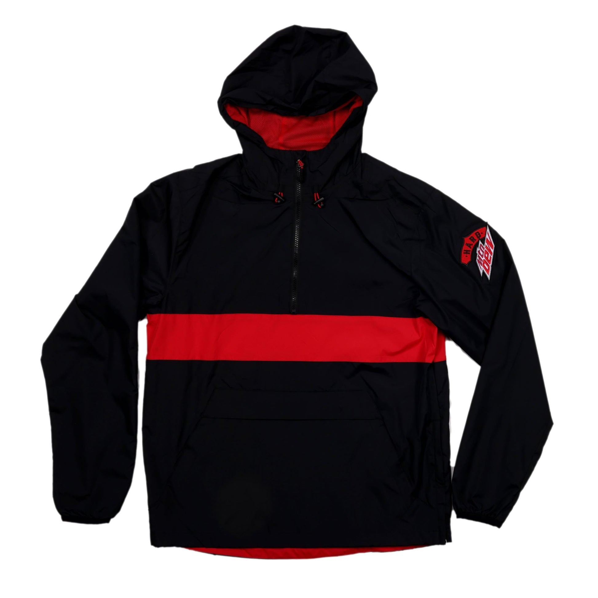 A black hooded windbreaker, laid flat, with a prominent horizontal red stripe across the chest and back. The inside of the hood is also red. The 'Hard Mtn Dew' logo is visible as a red and white patch on the left sleeve, near the shoulder. It has a half-zip closure with red zipper pulls.