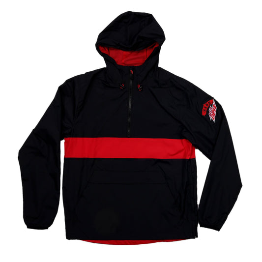 A black hooded windbreaker, laid flat, with a prominent horizontal red stripe across the chest and back. The inside of the hood is also red. The 'Hard Mtn Dew' logo is visible as a red and white patch on the left sleeve, near the shoulder. It has a half-zip closure with red zipper pulls.