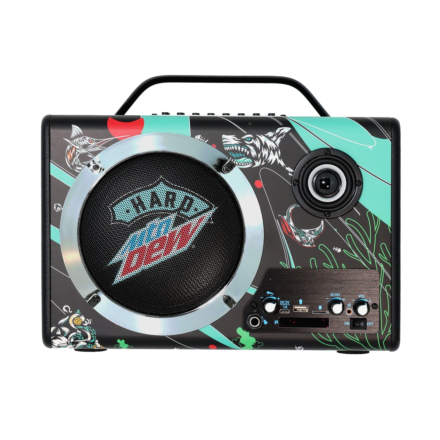 Carryable boombox speaker featuring colorful Hard Mountain Dew Baja Blast artwork. The design showcases vibrant graphics of water creatures. 