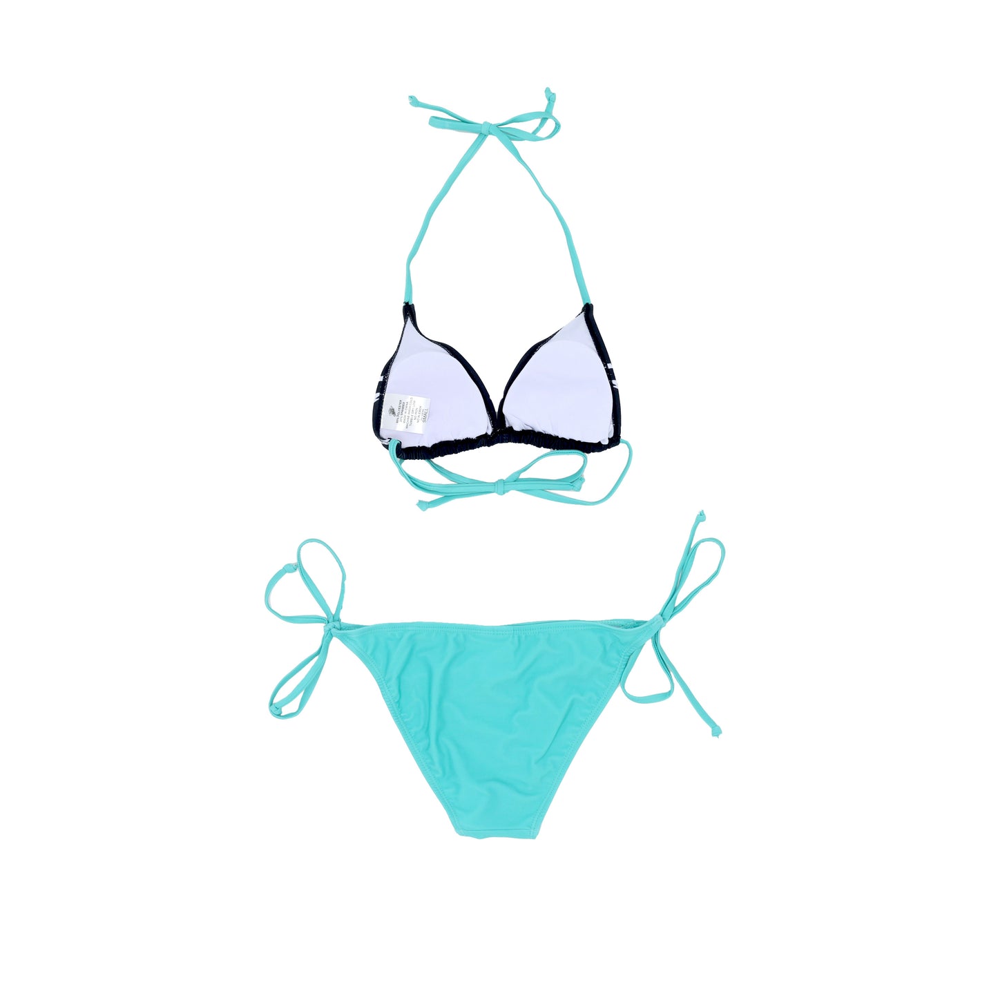 Back view of the Hard Mountain Dew Baja Blast bikini, showing solid teal bottoms and tie strings.