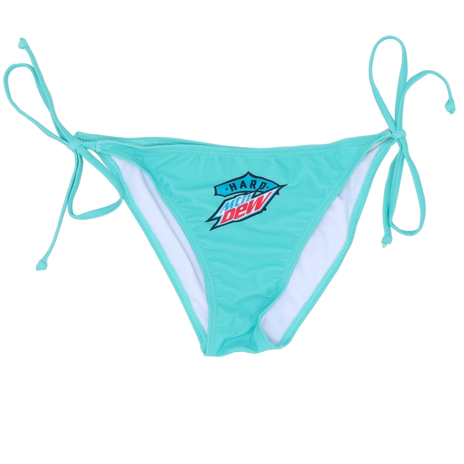 Image of the Hard Mountain Dew Baja Blast bikini bottoms. Teal with a Hard Mountain Dew logo in teal, white, black, and red on the front.