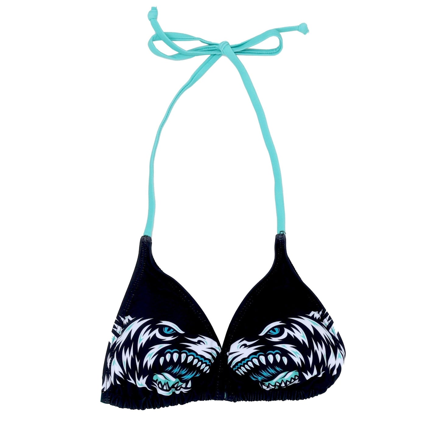 Image of the Hard Mountain Dew Baja Blast bikini top. Black with each cup featuring a front profile view of white, black, and teal sharks facing each other. The tie strings are teal.