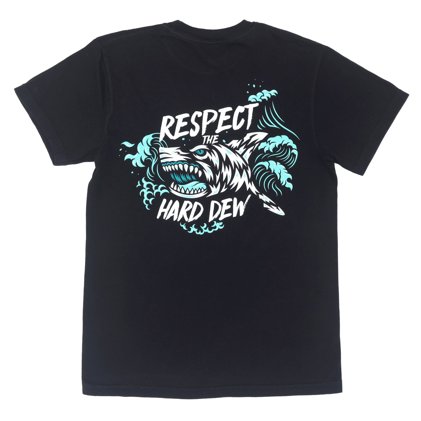 Back flat lay of a black Hard Mountain Dew tee shirt featuring a teal, white, and black shark emerging from crashing waves. The design includes stylized text reading 'Respect the Hard Dew' around the center shark illustration.