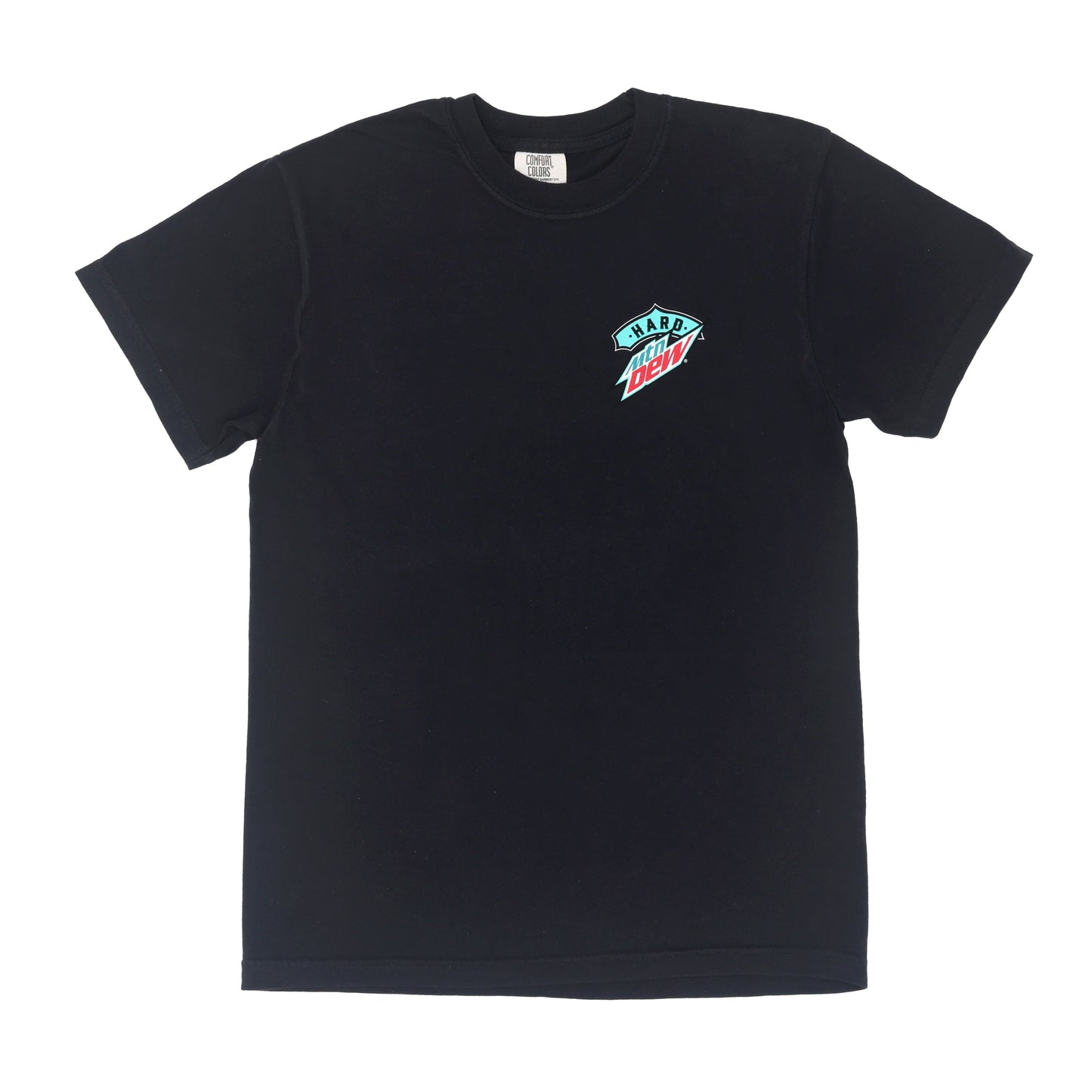 Front flat lay of a black Hard Mountain Dew tee shirt. The shirt features a small teal, white, and red logo on the left chest pocket area.