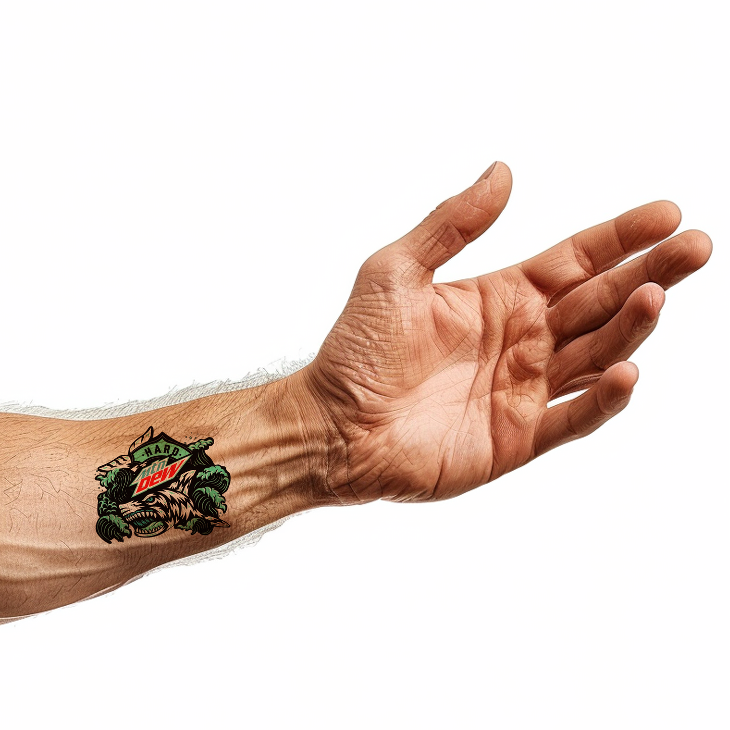 Hard Mountain Dew branding, tattoo modeled on the wrist of an arm: Baja Blast shark in teal and black waves with Hard Dew logo.