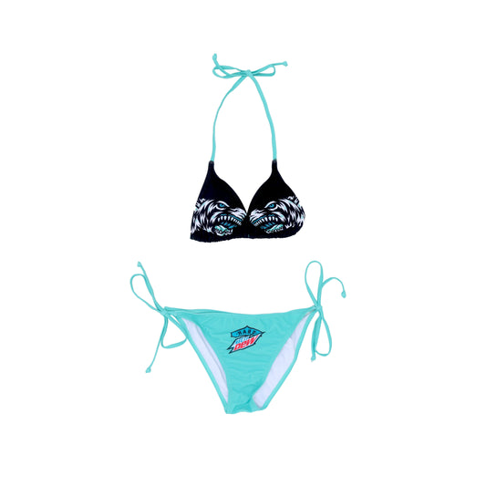 Hard Mountain Dew Baja Blast string bikini. The top is black with each cup featuring a front profile view of white, black, and teal sharks facing each other. The tie strings on the top are teal. The bottoms are teal with a Hard Mountain Dew logo in teal, white, black, and red on the front.