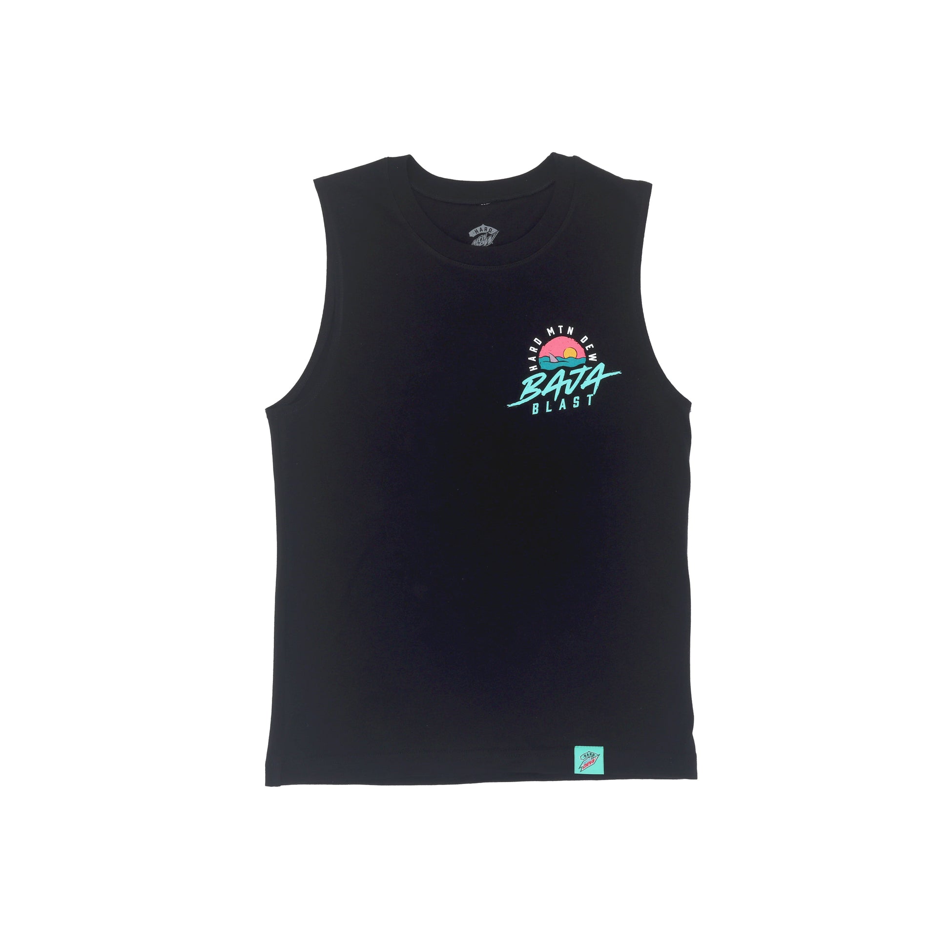 Front flat lay view of a black muscle tank with a small retro 90s design on the left chest. The artwork features a shark fin emerging from teal waves with a pink sunset and orange sun in a circular shape, along with the Hard Mountain Dew Baja Blast text in a matching retro style. Small teal Hard Mountain Dew woven tag at the bottom hem.