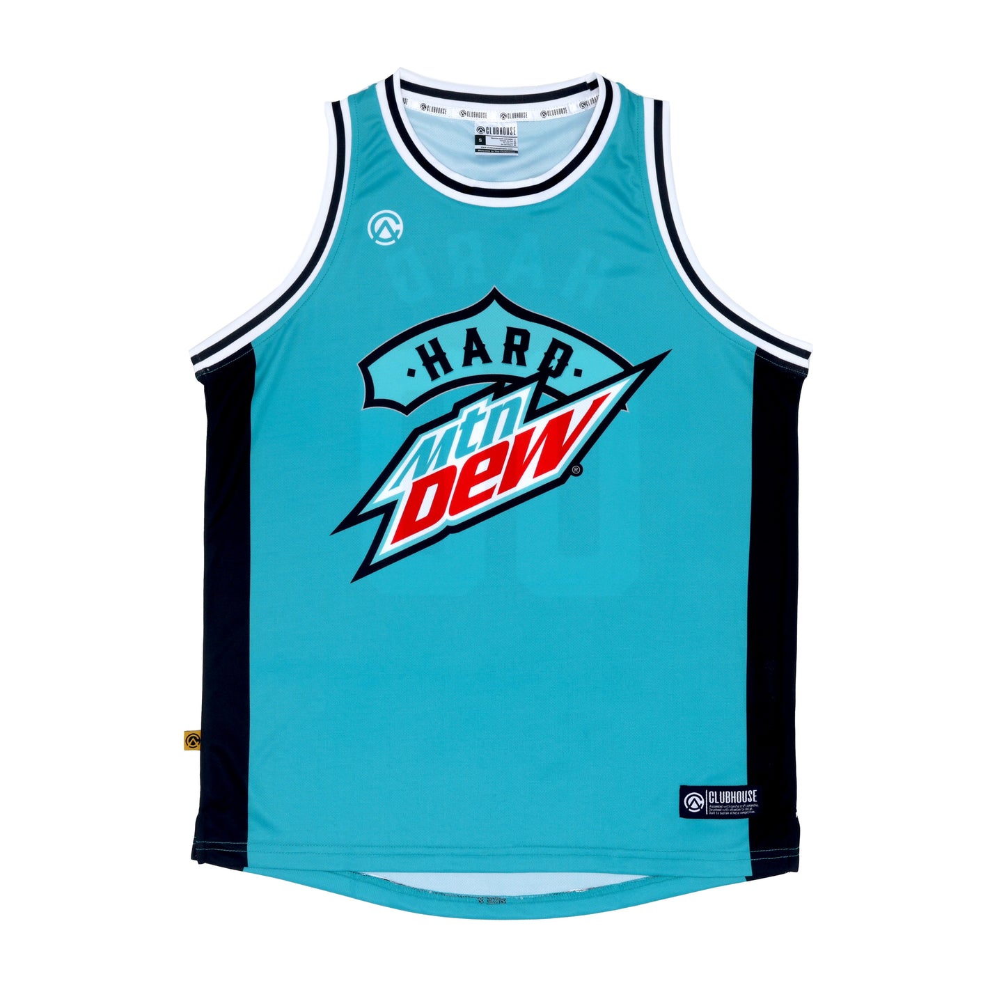 Flat lay of a Hard Dew basketball jersey in Baja Blast teal with black sides. The jersey features a large center Hard Dew logo in black, teal, red, and white.