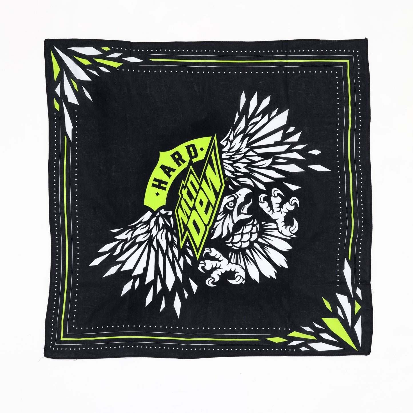 Hard Mountain Dew bandanna in black, white, and neon green. The design includes the Hard Mountain Dew logo and an eagle illustration, combining bold colors and graphics.