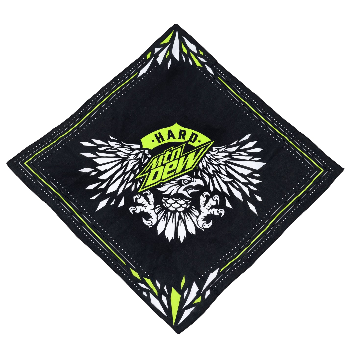 Hard Mountain Dew bandanna in black, white, and neon green. The design includes the Hard Mountain Dew logo and an eagle illustration, combining bold colors and graphics.