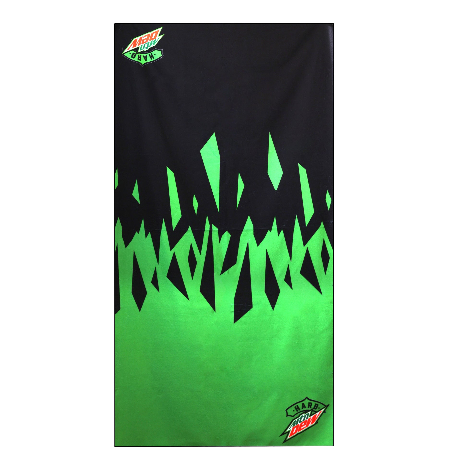 Hard Mountain Dew towel in bright green and black, featuring logos in two corners. The design combines vivid colors with branded elements for a striking look.