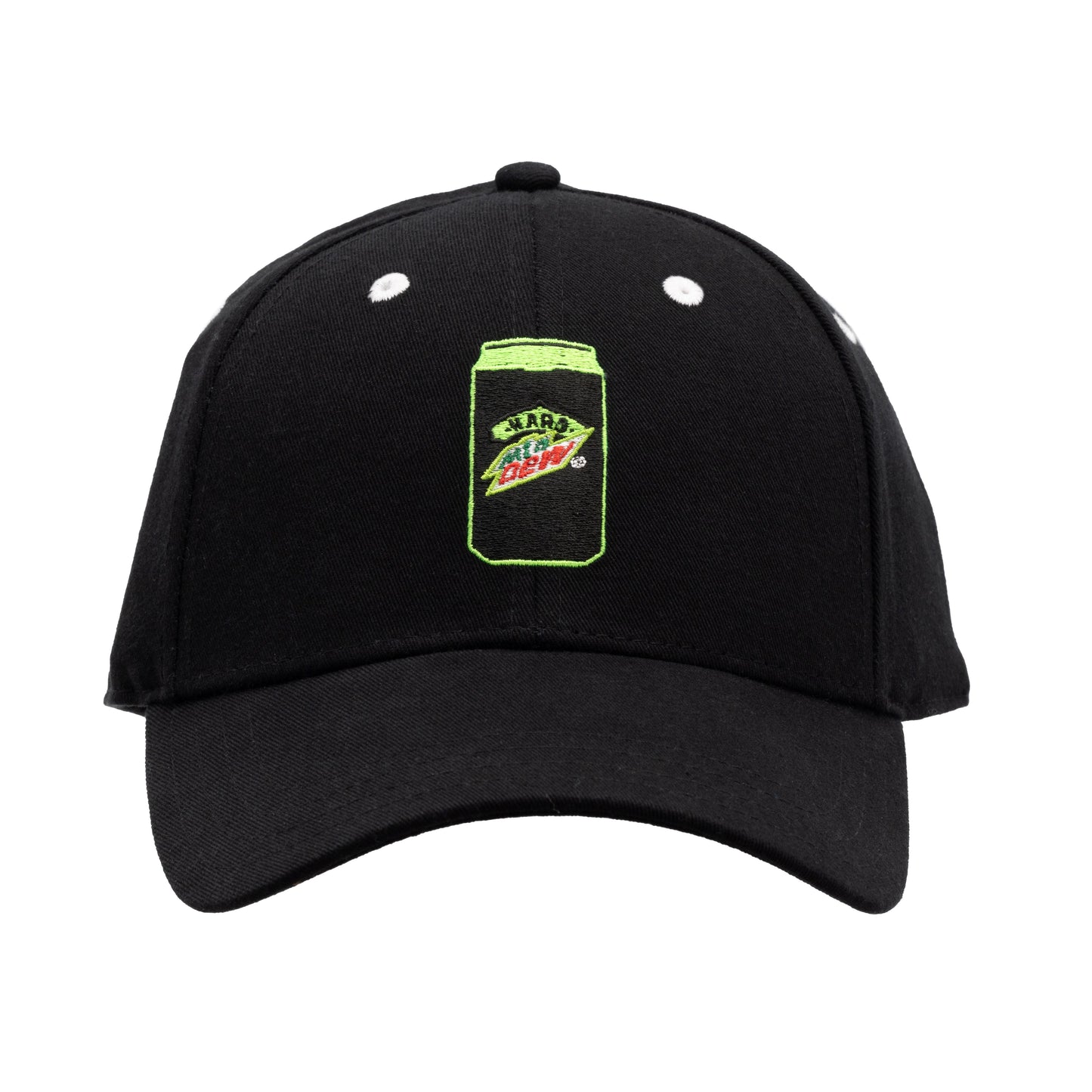 Black relaxed fit baseball hat with neon green and black embroidered Hard Mountain Dew can logo. 