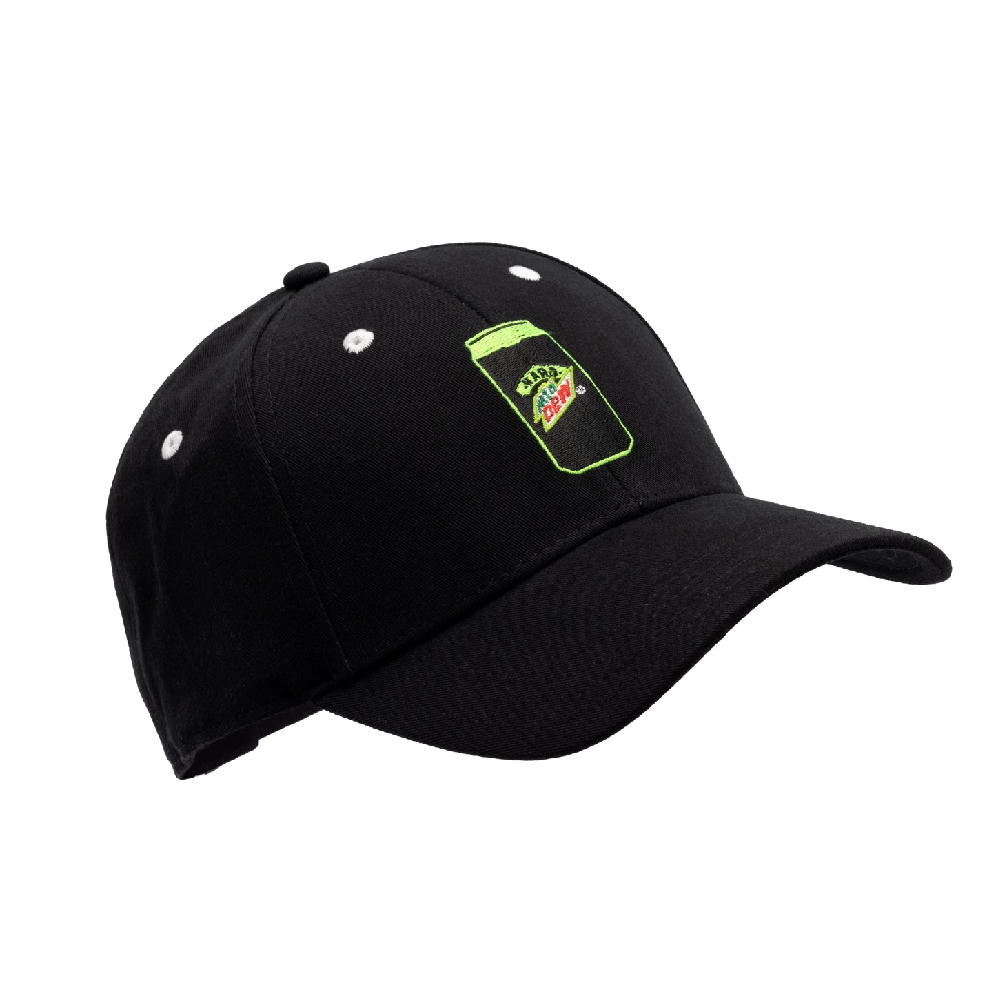 Black relaxed fit classic cap with embroidered Hard Mountain Dew can logo. 