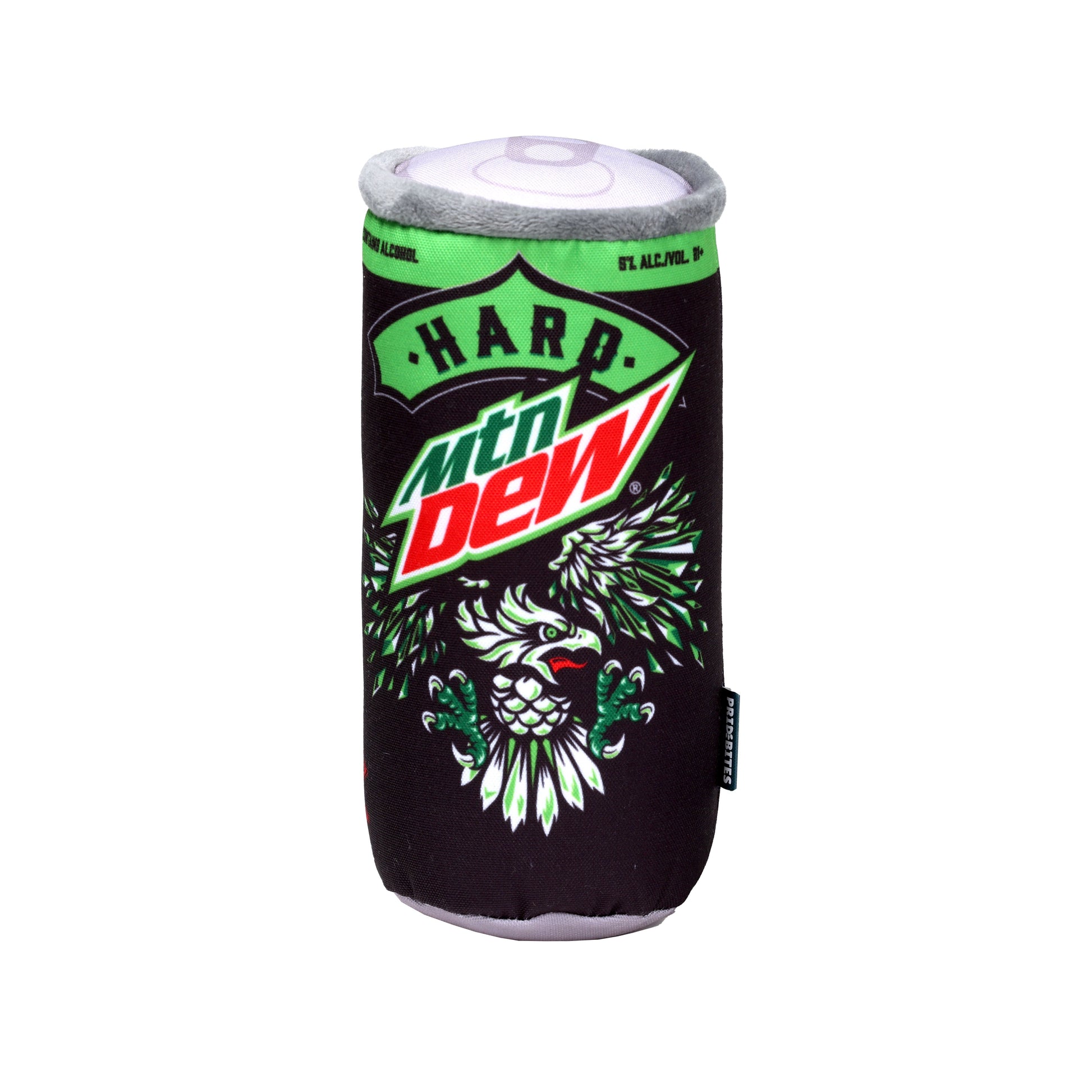 Dog toy in the shape of a Hard Mountain Dew can. Hard Mountain Dew  can artwork featuring logo and eagle illustration. 