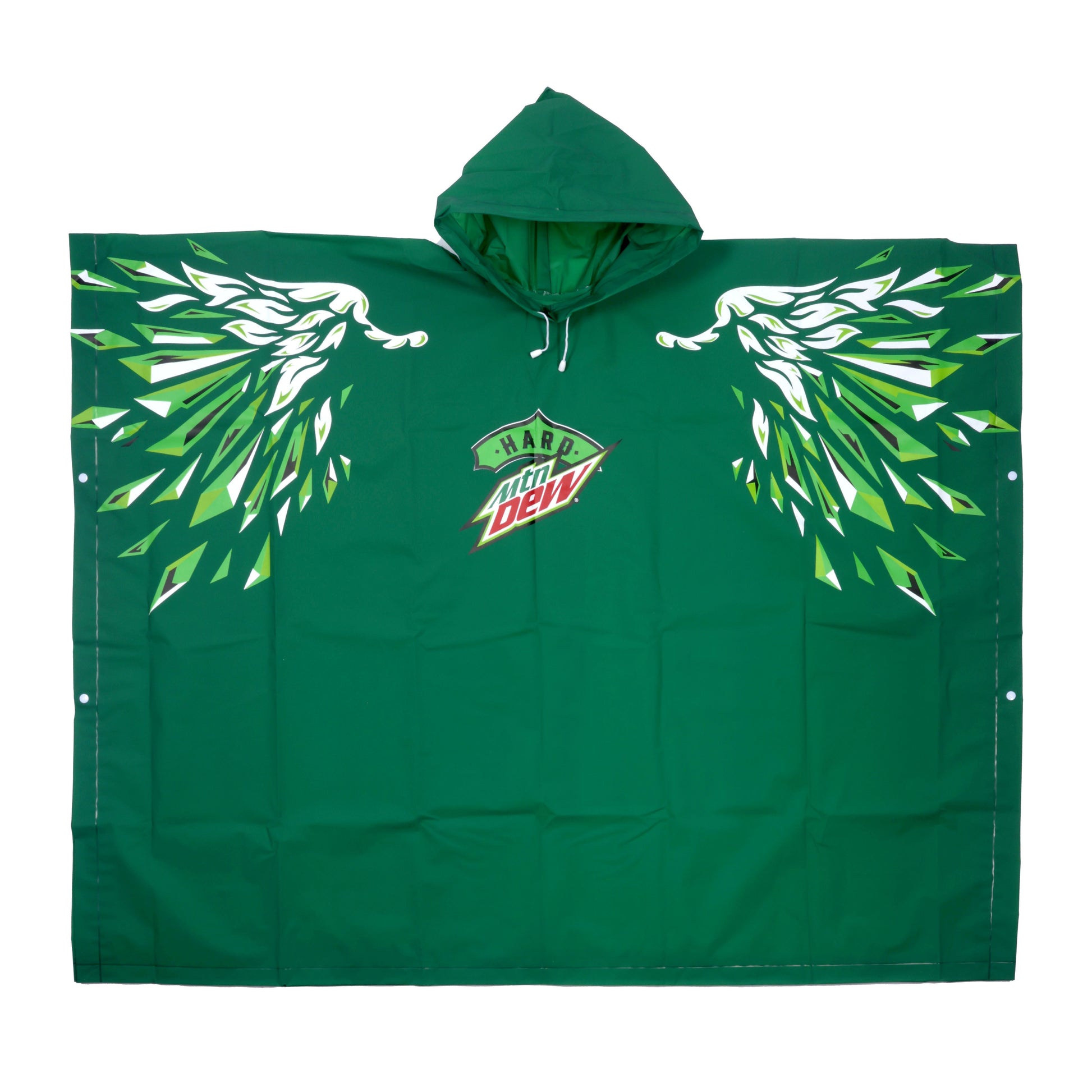 Lay-flat image of a dark green poncho featuring bright green and white illustrations resembling eagle wings. The Hard Mountain Dew logo, approximately 8 inches wide, is prominently displayed in the center.