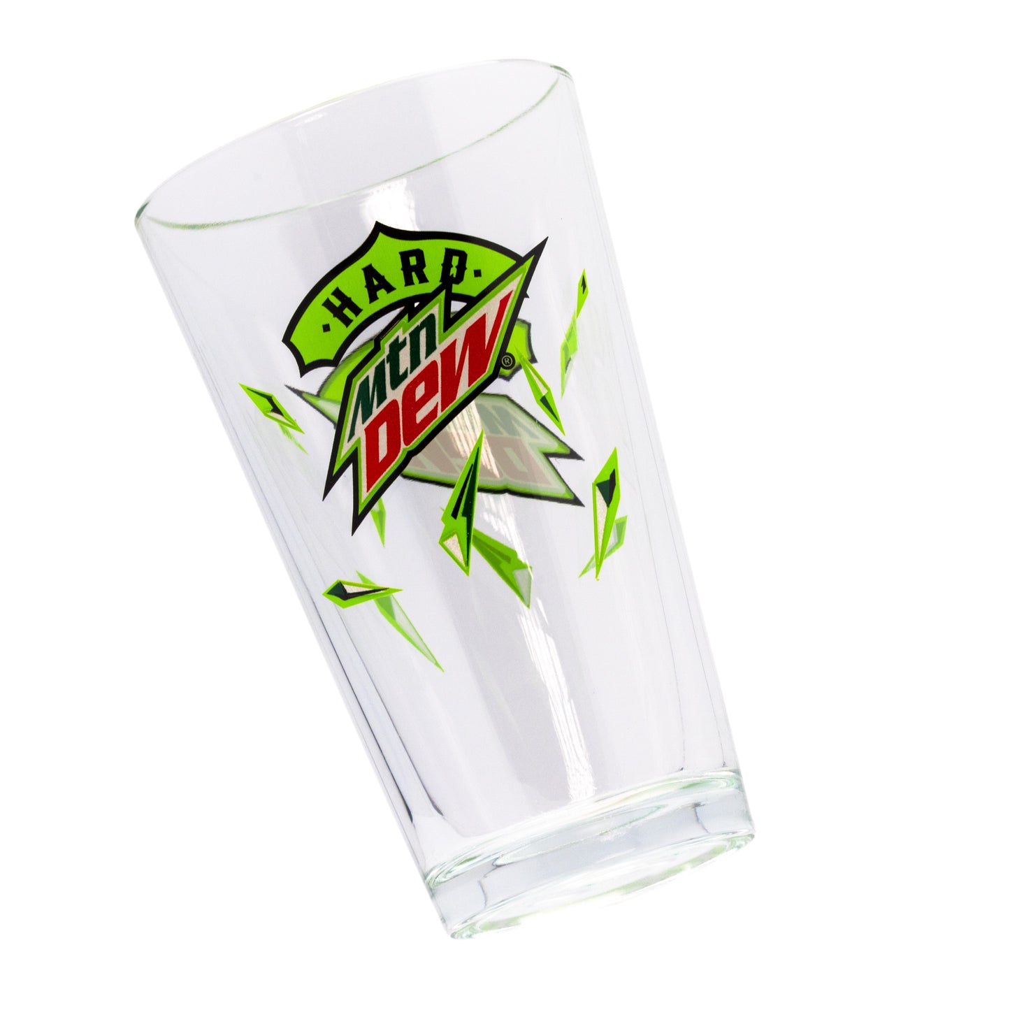 Clear glass shaker pint with Hard Mountain Dew logo. Neon green logo glows in dark. 