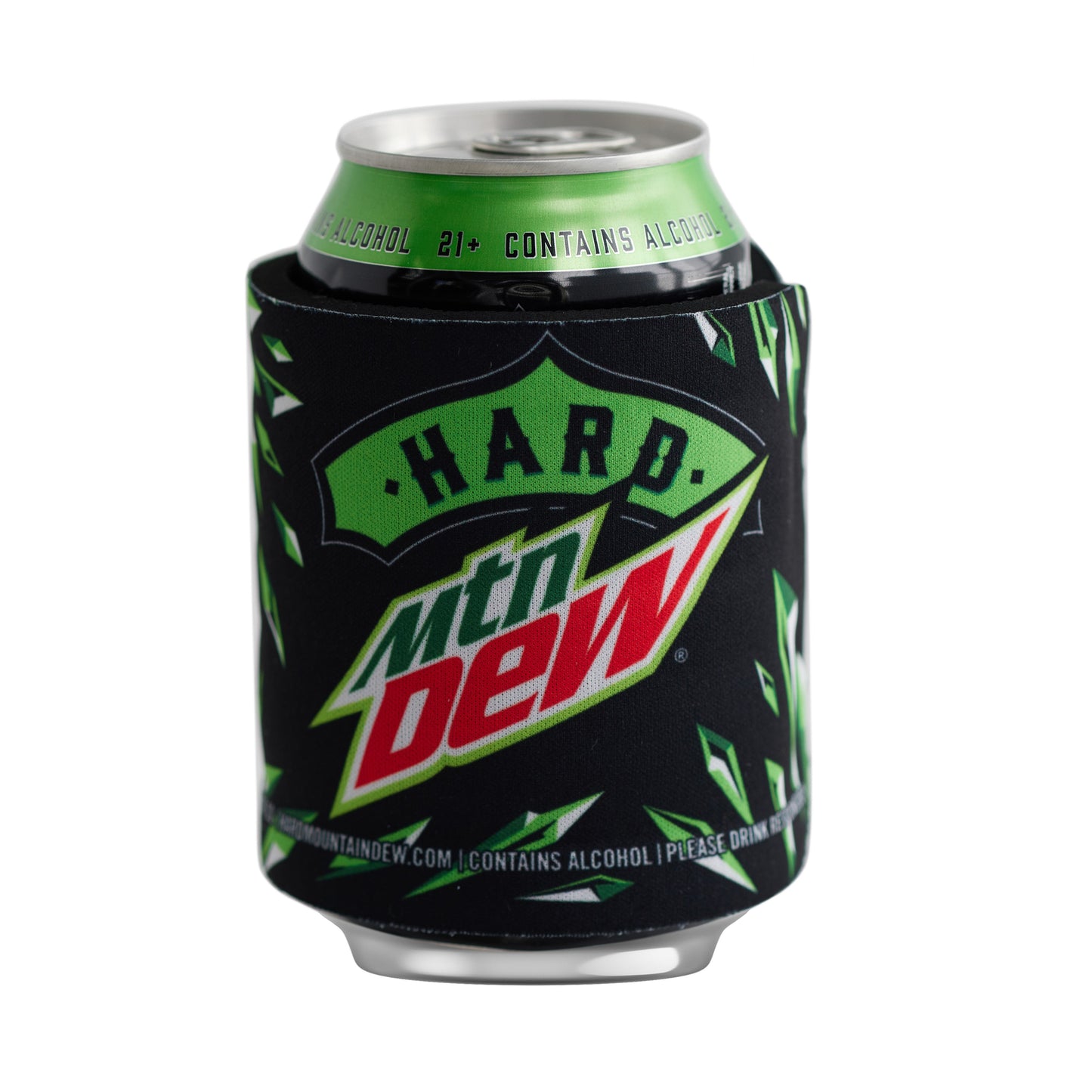 Front view of a Hard Mountain Dew slap-style can cooler featuring a white and green eagle design on a black background, with the Hard Mountain Dew logo prominently displayed.