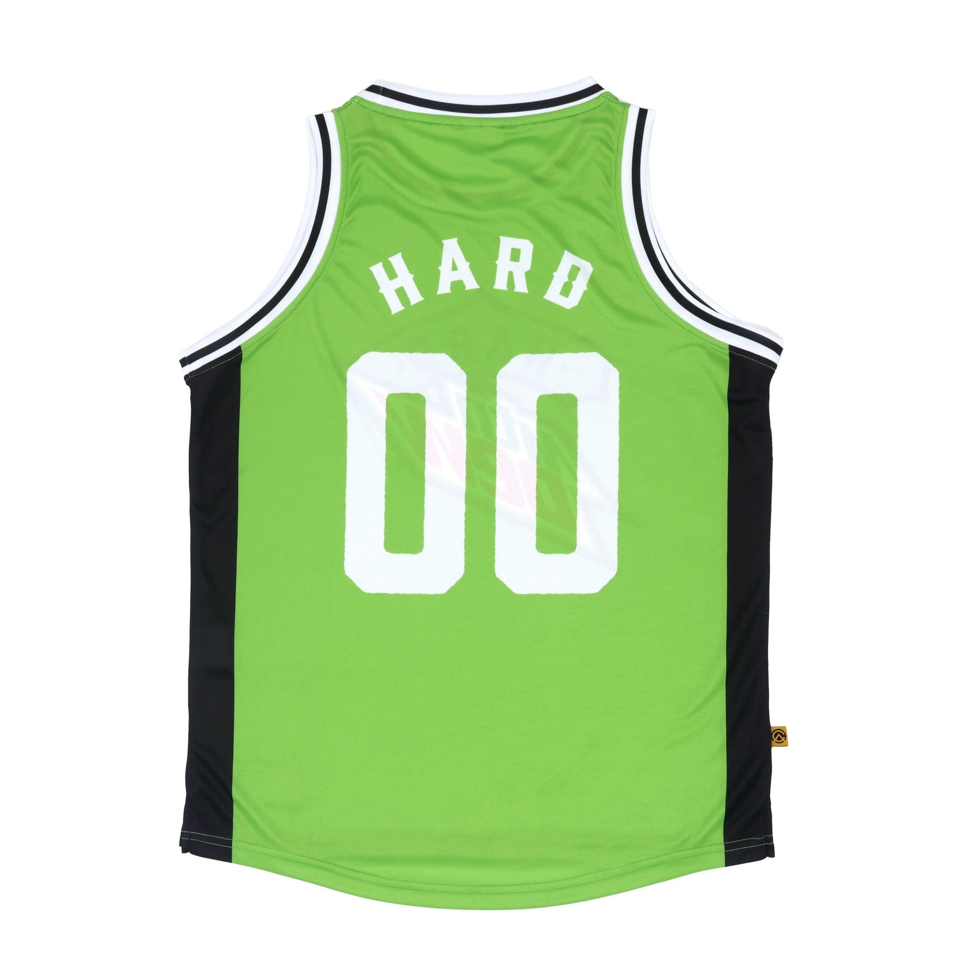 Back view of green crew neck classic basketball jersey tank with large front Hard Mountain Dew logo. Black panels on side body, knit rib neck and arm trim. 