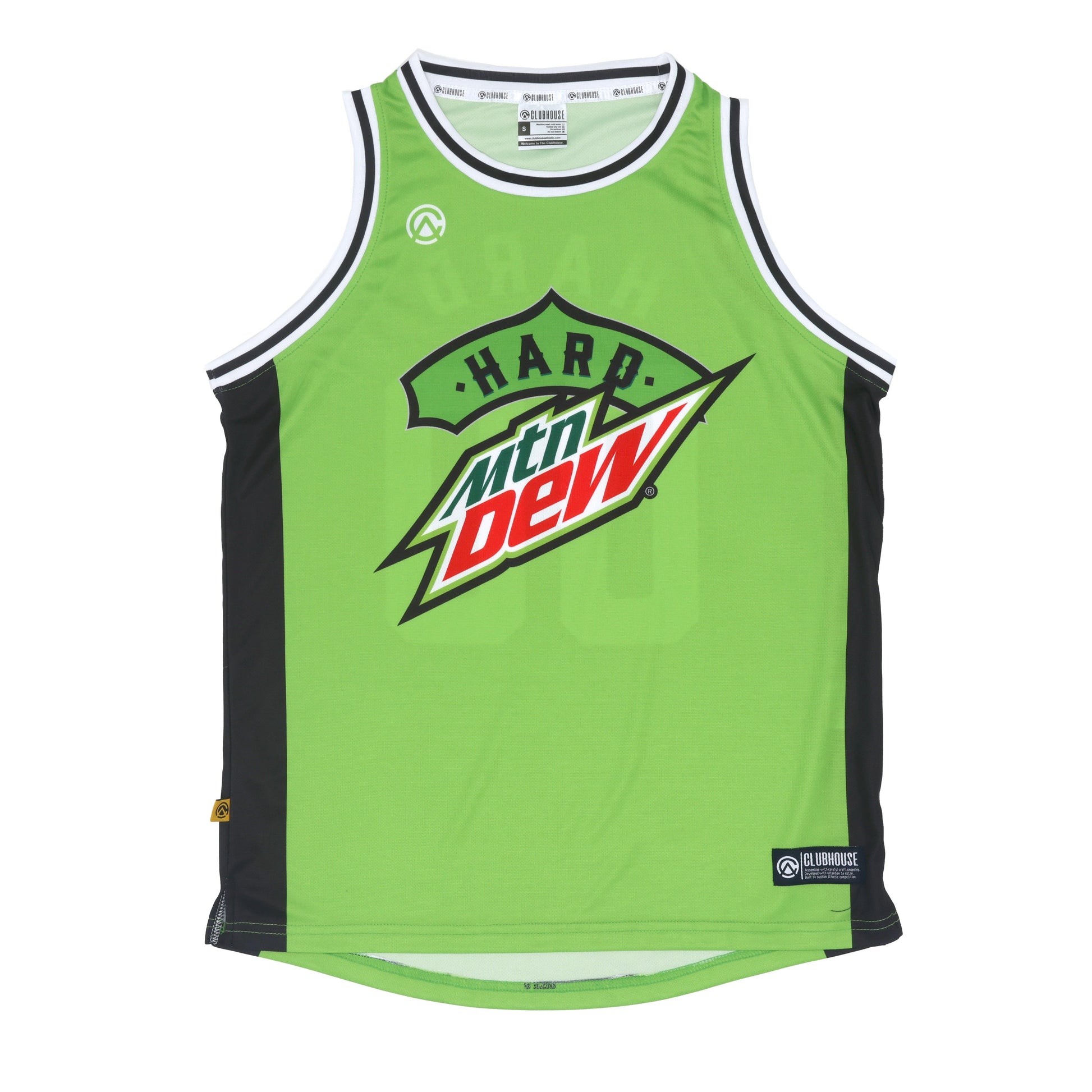 Green crew neck classic basketball jersey tank with large front Hard Mountain Dew logo. Black panels on side body, knit rib neck and arm trim. 