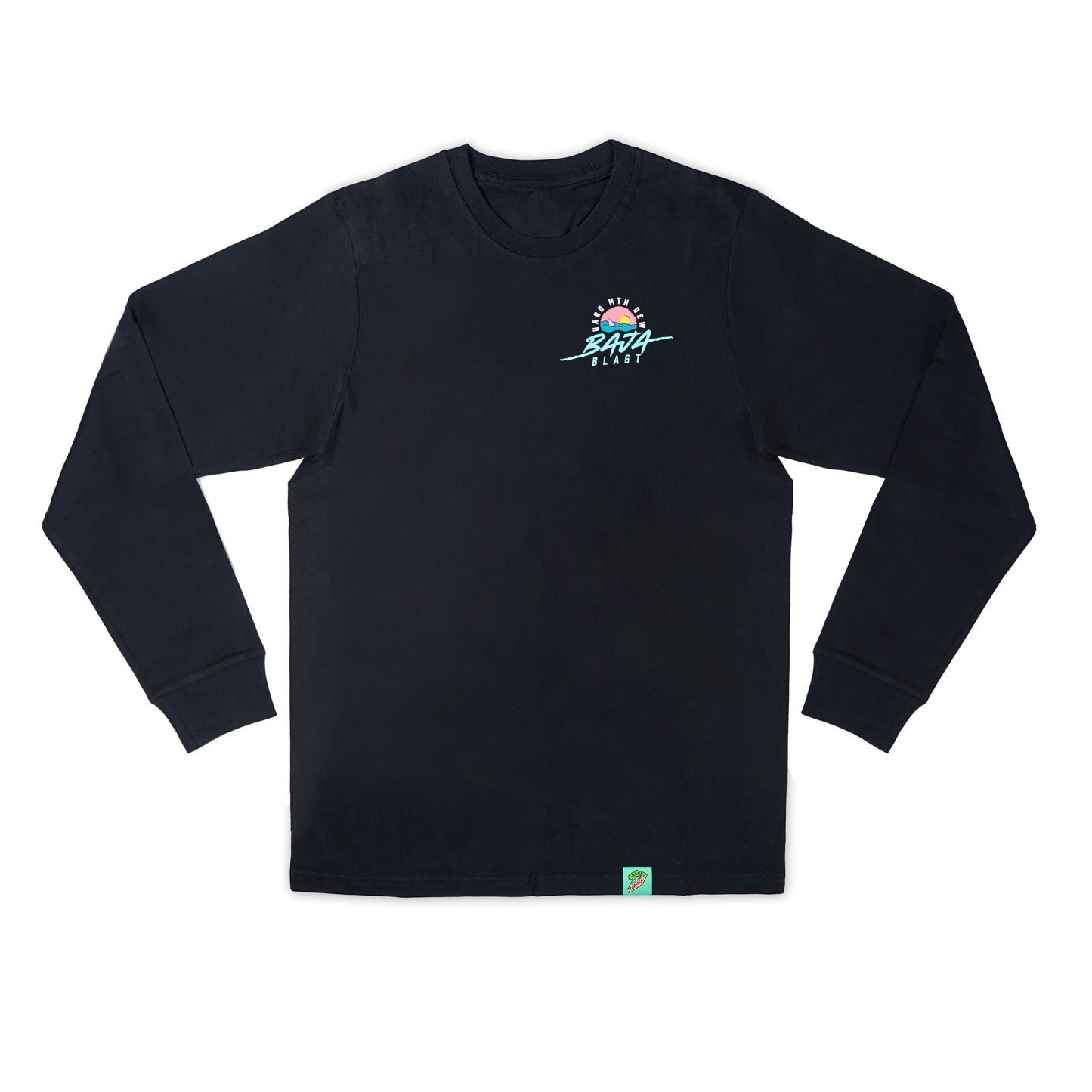 Flat lay of a black long sleeve tee featuring a retro 90s design. The artwork, positioned small on the left chest, shows a shark fin emerging from teal water with a pink horizon and orange sun, all within a circular shape. The Hard Mountain Dew text arches around the top of the circle, with Baja Blast written underneath. The bottom hem on the left side includes a small teal woven brand tag.