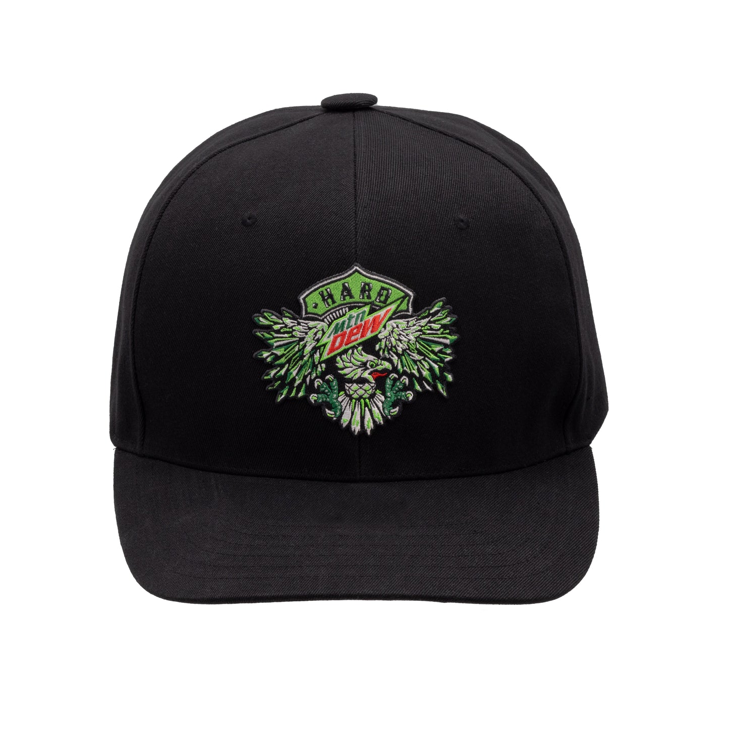 Straight-on shot of an oversized black baseball hat featuring neon green, white, and red embroidery of an eagle and the Hard Mountain Dew logo.