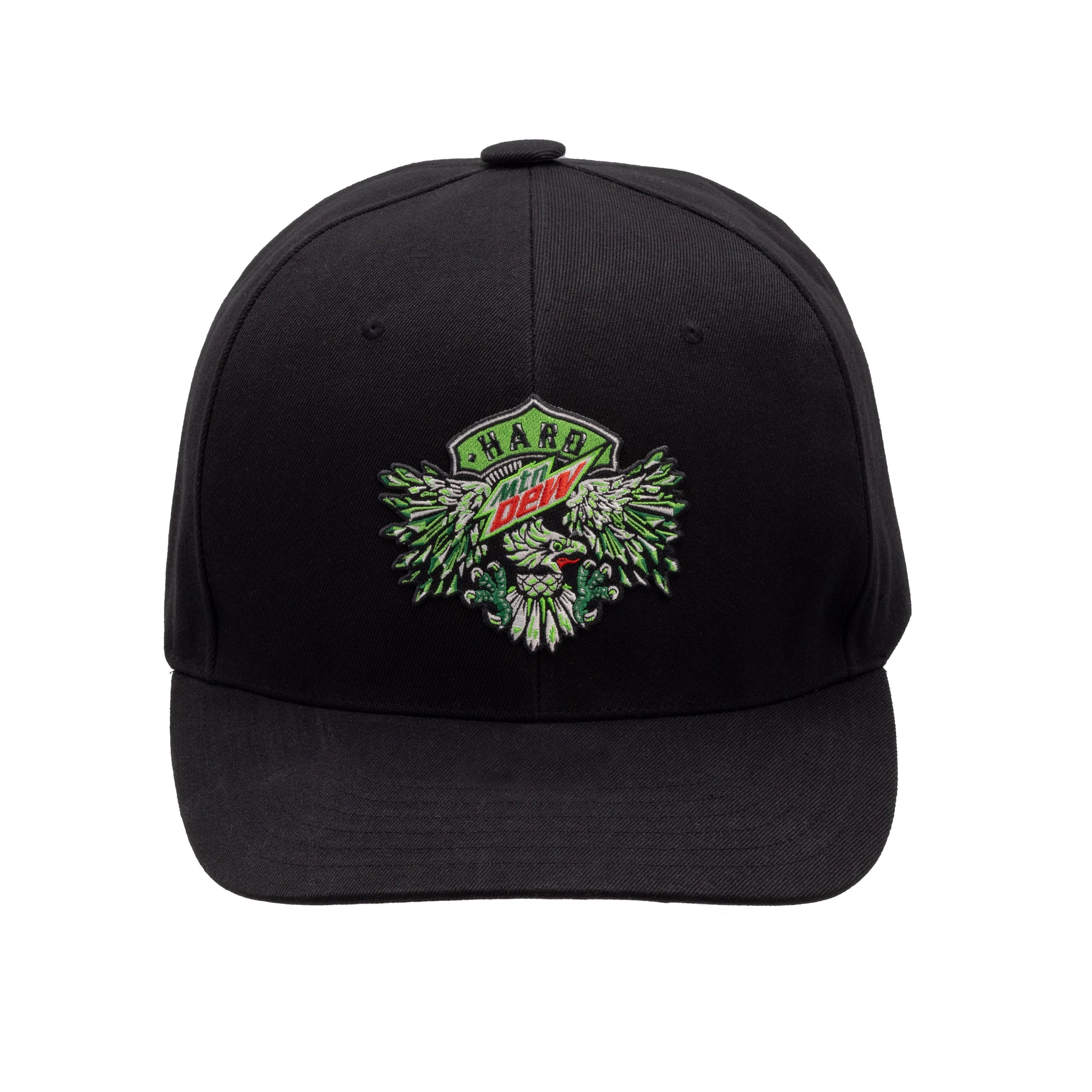 Straight-on shot of an oversized black baseball hat featuring neon green, white, and red embroidery of an eagle and the Hard Mountain Dew logo.