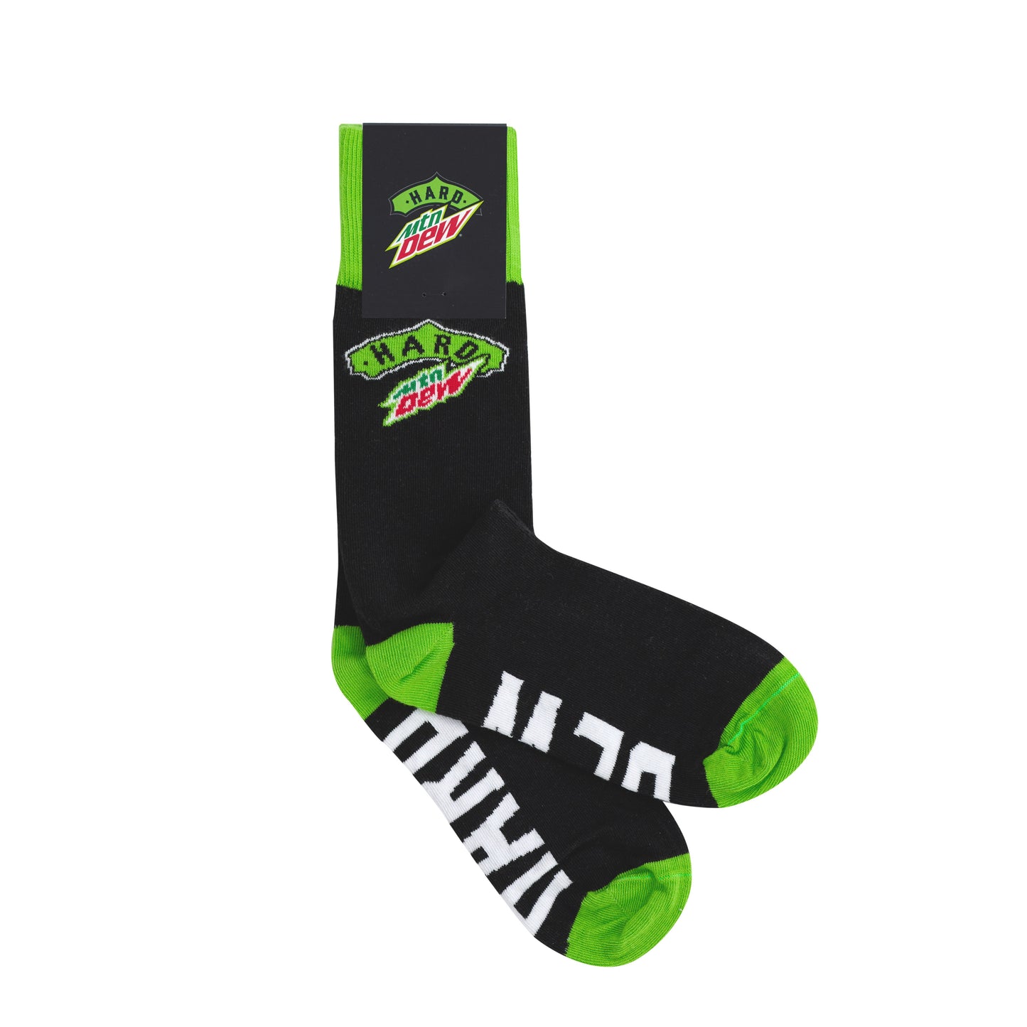 Hard Mountain Dew socks in mostly black with bright green details on the cuff, heel, and toe. The logo is prominently displayed on the ankle portion of the sock.