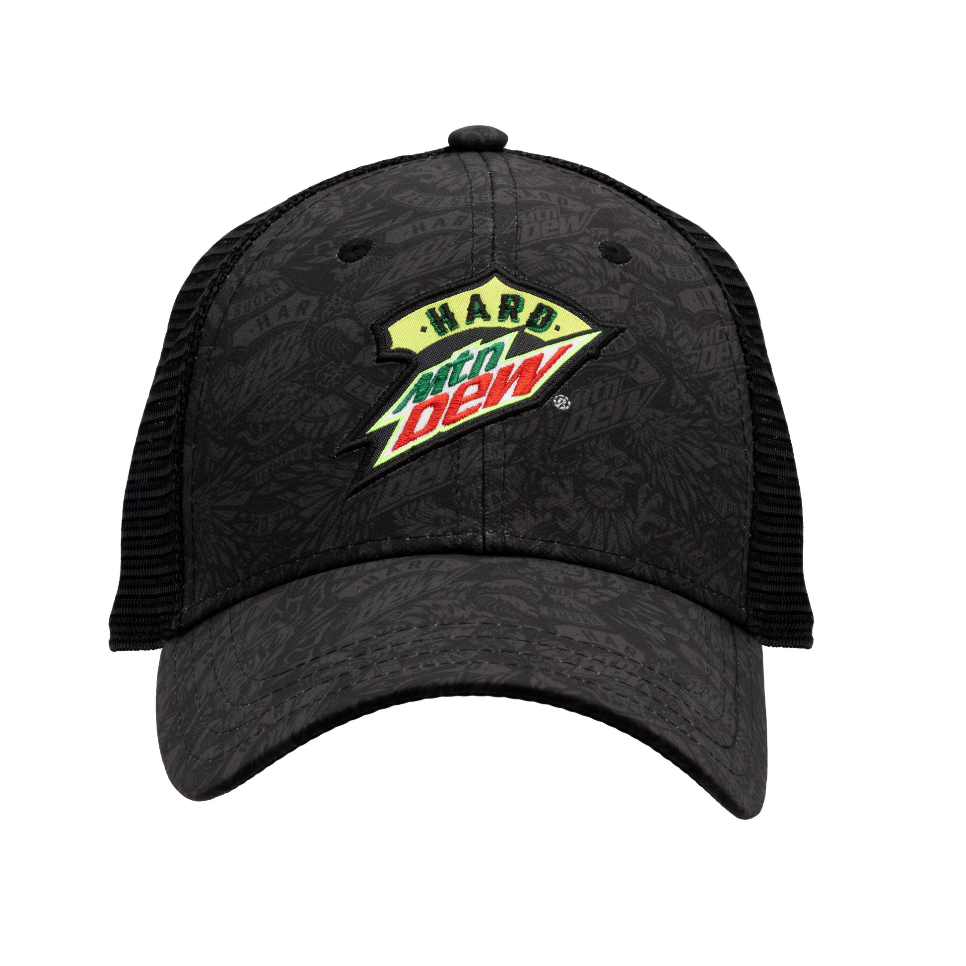 Front view of a black trucker hat with mesh panels, featuring a tonal Hard Mountain Dew logo pattern printed across the front and on the bill. The Hard Mountain Dew logo is embroidered prominently over the printed pattern.