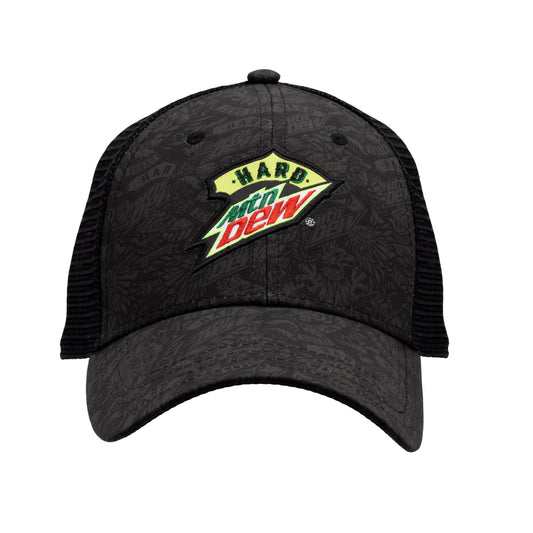 Front view of a black trucker hat with mesh panels, featuring a tonal Hard Mountain Dew logo pattern printed across the front and on the bill. The Hard Mountain Dew logo is embroidered prominently over the printed pattern.