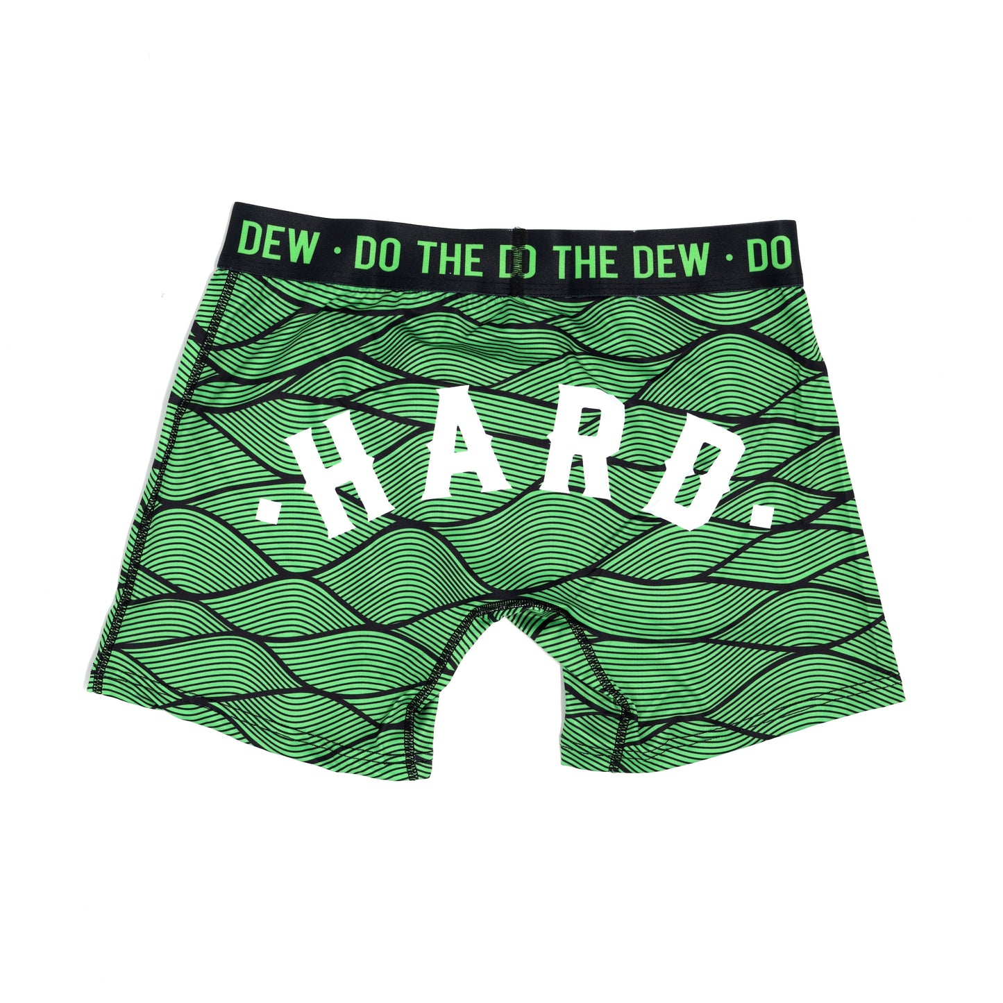 Back view, knit green and black patterned boxer briefs with black waist band. HARD text on rear.  