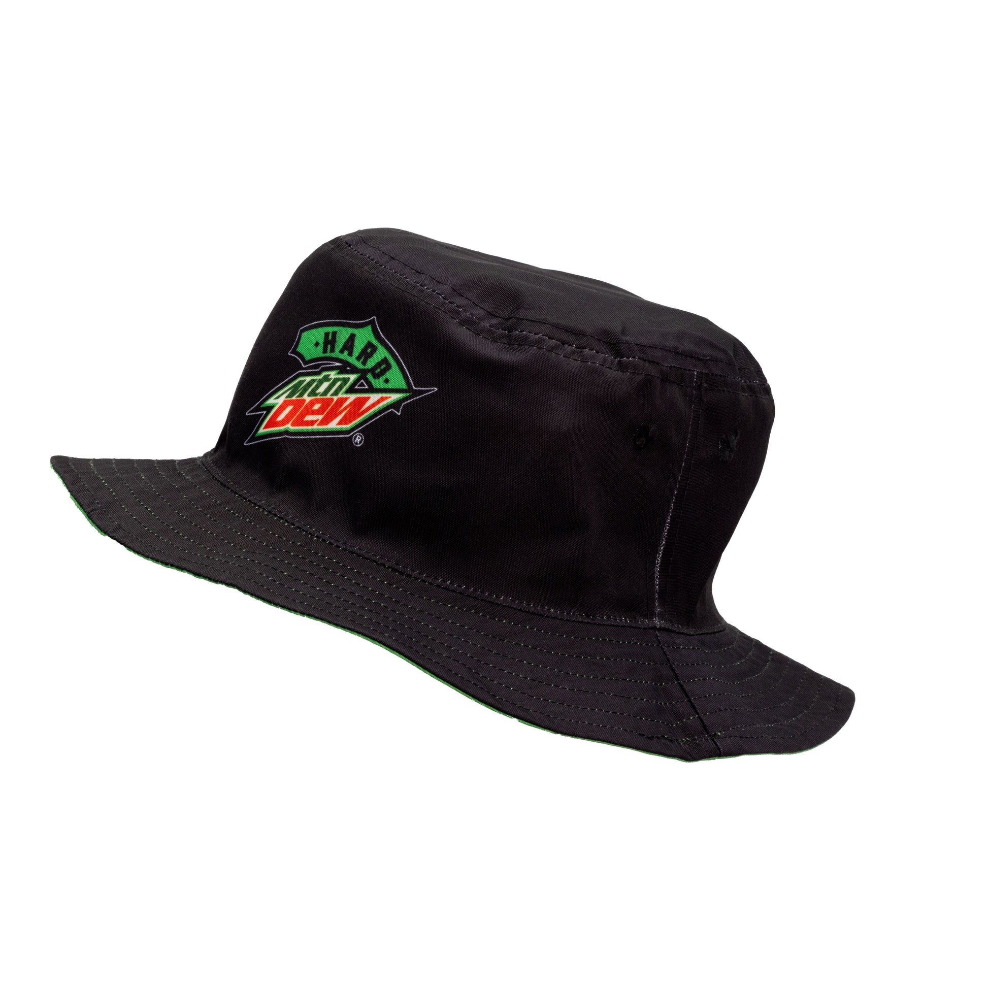 Reverse side of the bucket hat in solid black with the Hard Mountain Dew logo. The design is simple and features the logo prominently.