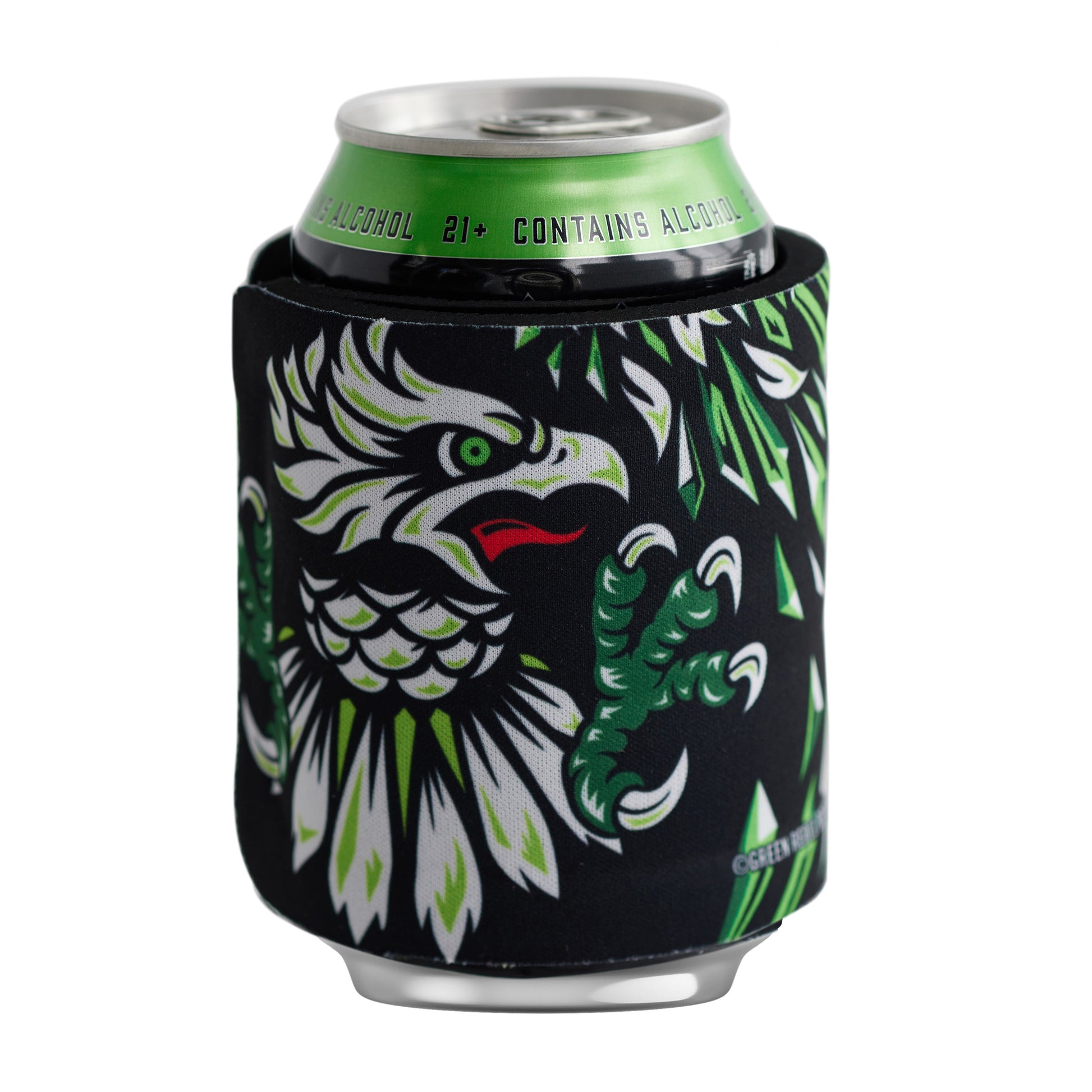 Back view of a Hard Mountain Dew slap-style can cooler featuring white and green eagle artwork. The design is displayed against a black background.