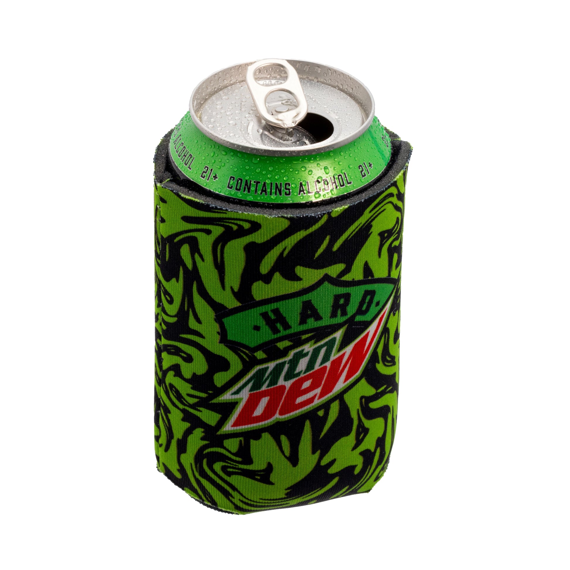 Green and black soft 12 ounce can cooler with Hard Mountain Dew logo featured on can.