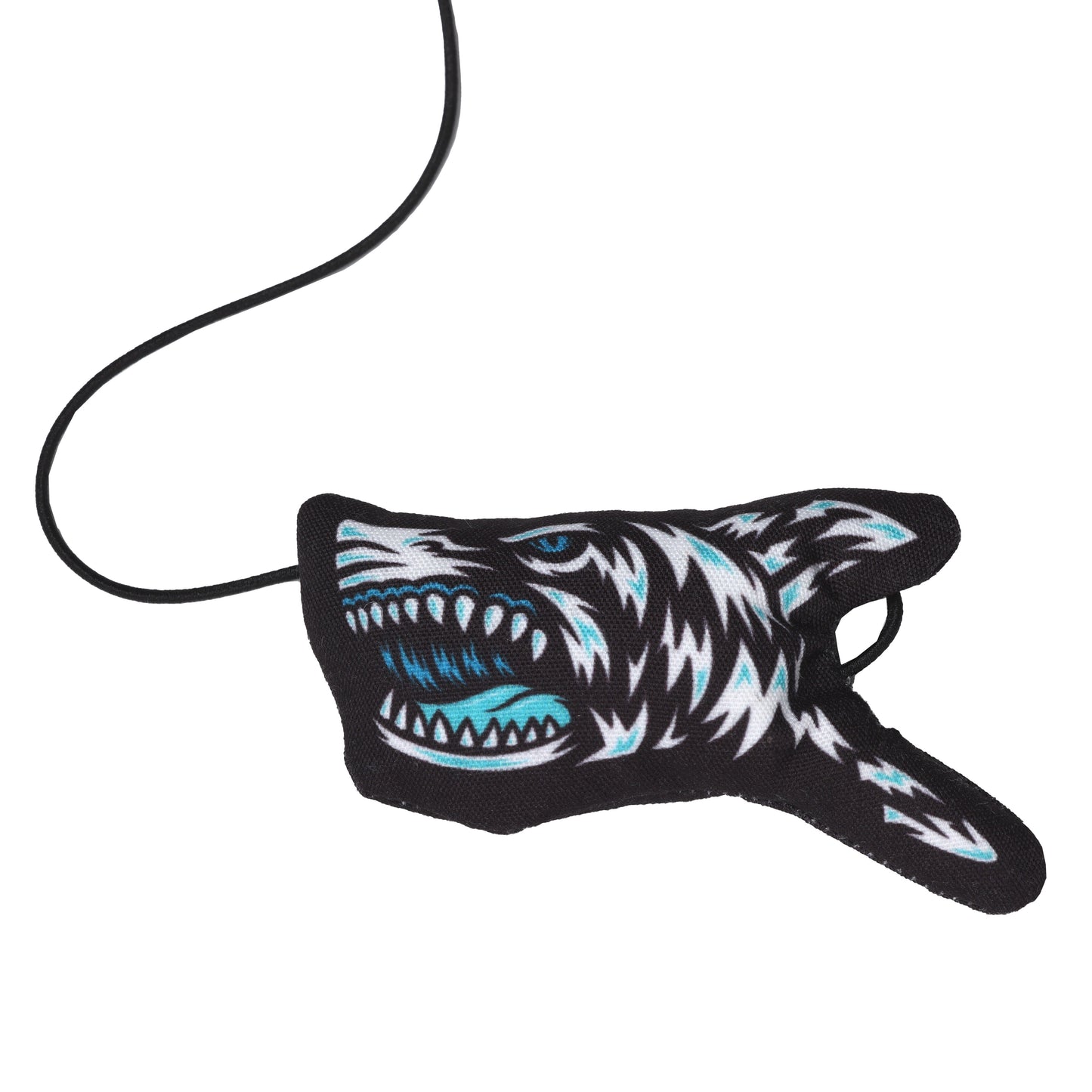 Close up of the shark on the Hard Mountain Dew BAJA BLAST shark shaped cat nip wand toy.