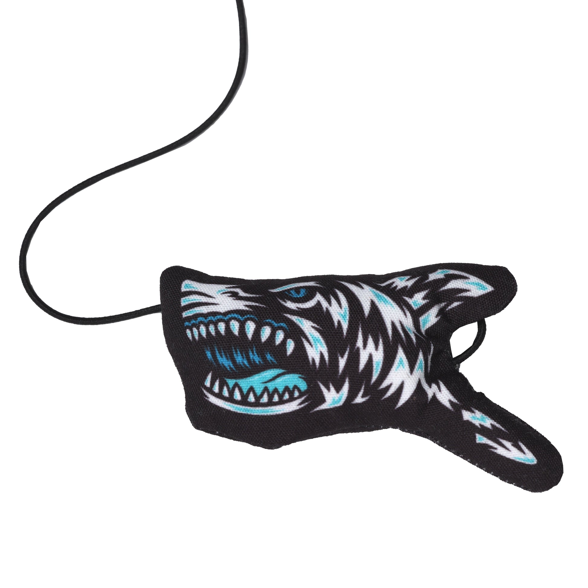 Close up of the shark on the Hard Mountain Dew BAJA BLAST shark shaped cat nip wand toy.