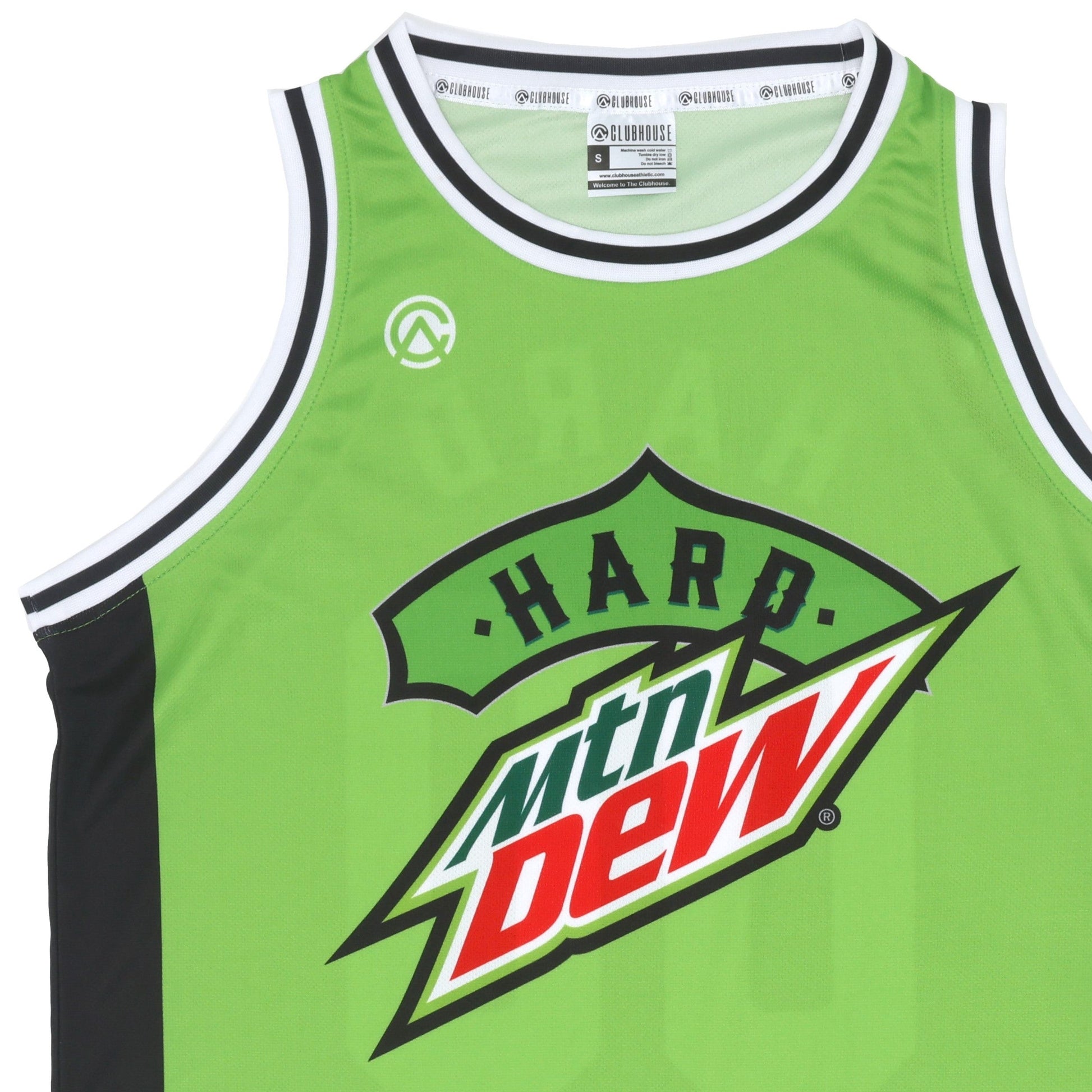 Close up of green crew neck classic basketball jersey tank with large front Hard Mountain Dew logo.