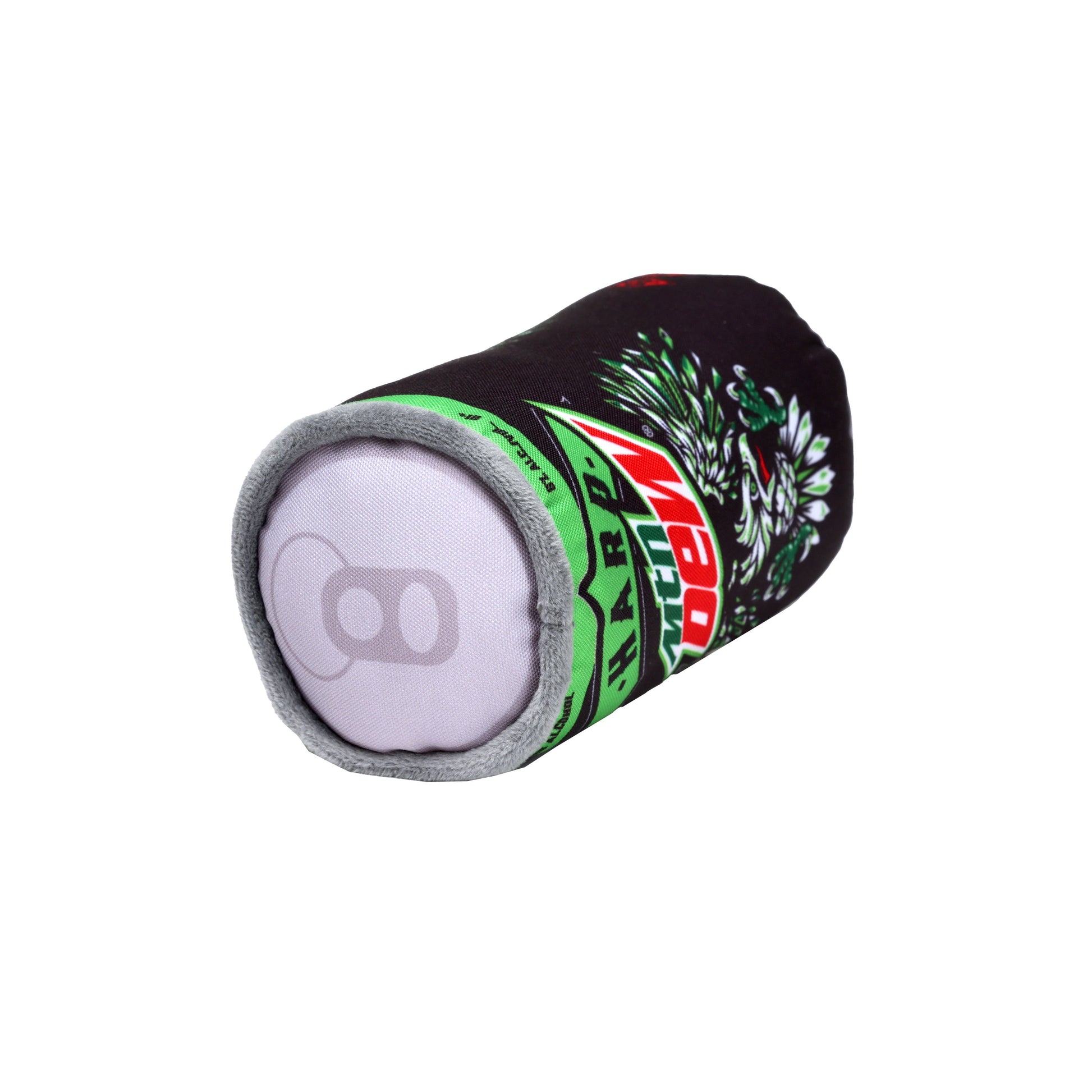Side view of dog toy in the shape of a Hard Mountain Dew can. Hard Mountain Dew can artwork. 
