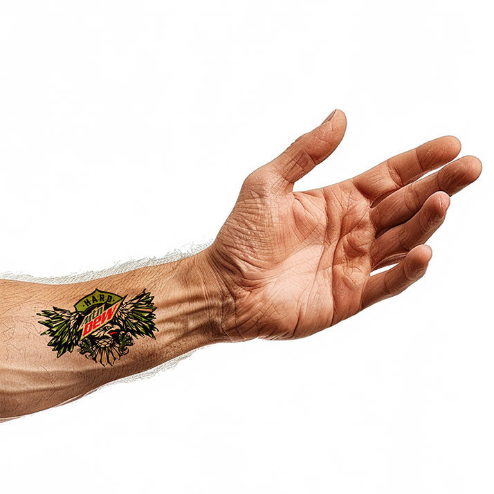 Hard Mountain Dew temporary tattoo modeled on the wrist of a model: Eagle illustration with the Hard Dew logo.