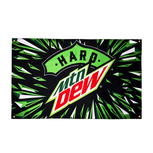 Flat lay of a large Hard Mountain Dew flag featuring a bright green glass shard design with the large Hard Mountain Dew logo prominently displayed in the center. The flag's design showcases bold, vibrant graphics against a striking background.