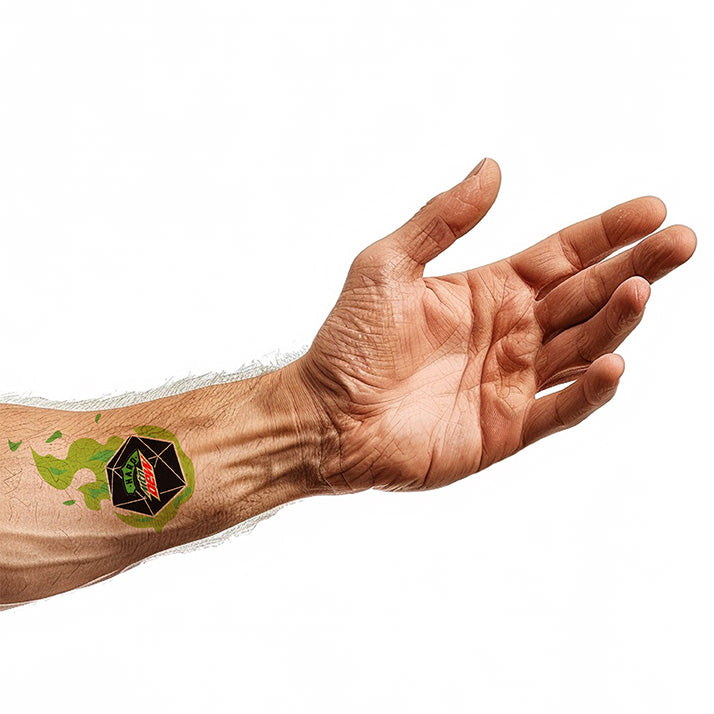 Hard Mountain Dew temporary tattoo modeled on the wrist of a model: Hexagonal black shape with Hard Dew logo and green flames.