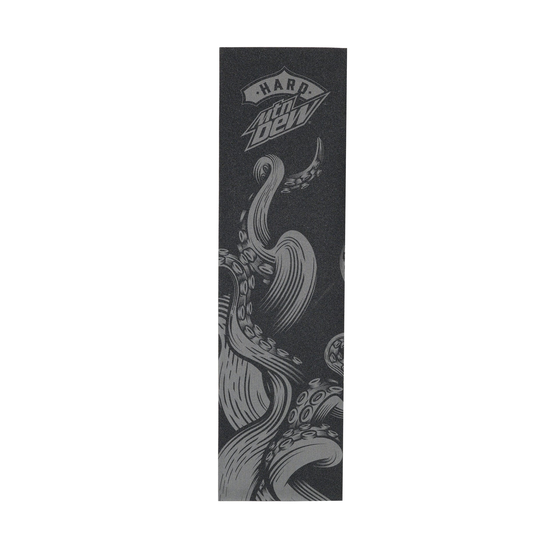 Black and grey skateboard grip tape featuring an octopus tentacle arm design and the Hard Mountain Dew logo. 