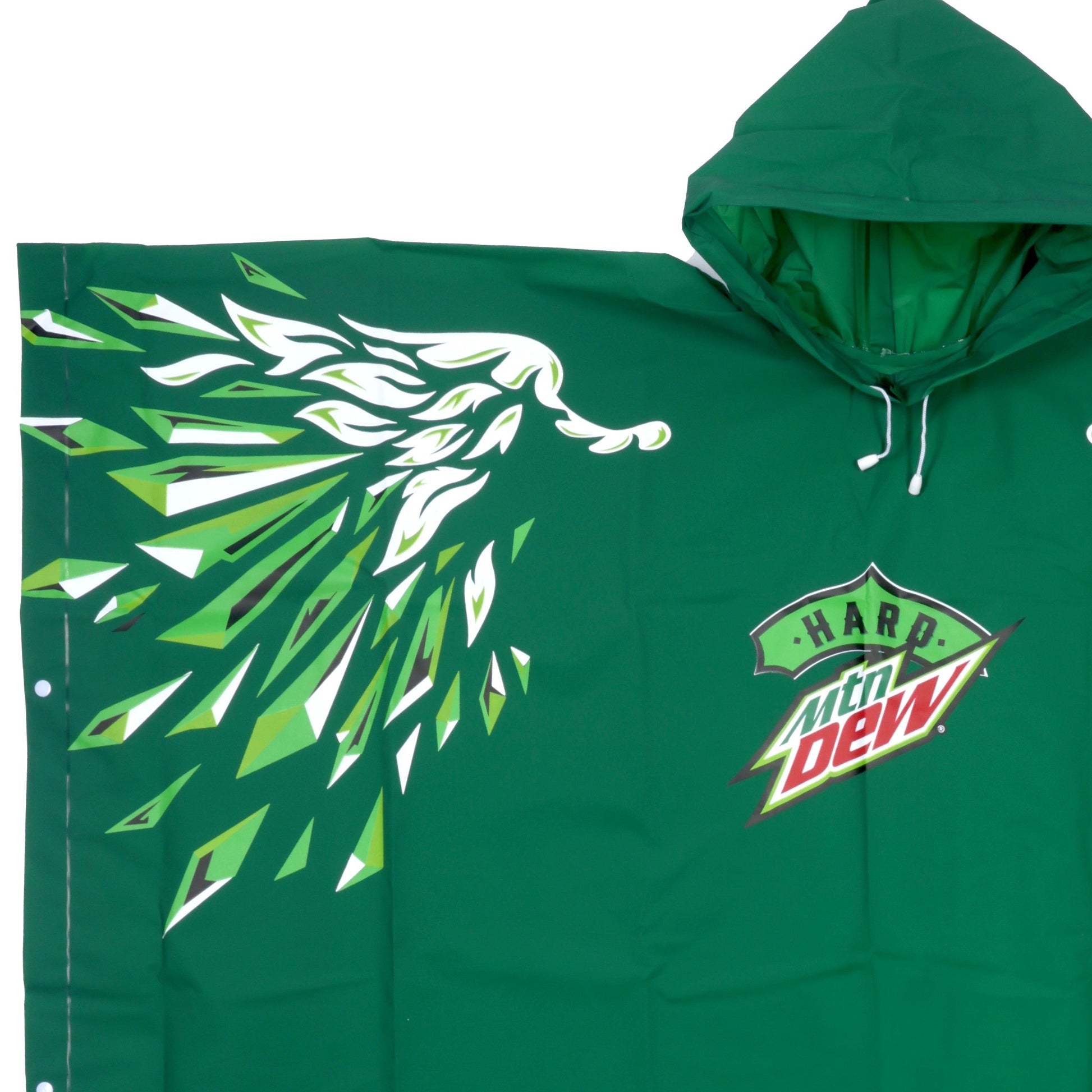 Close-up of the top left corner of a dark green rain poncho, featuring bright green and white illustrations of eagle wings. The Hard Mountain Dew logo is visible in the center.