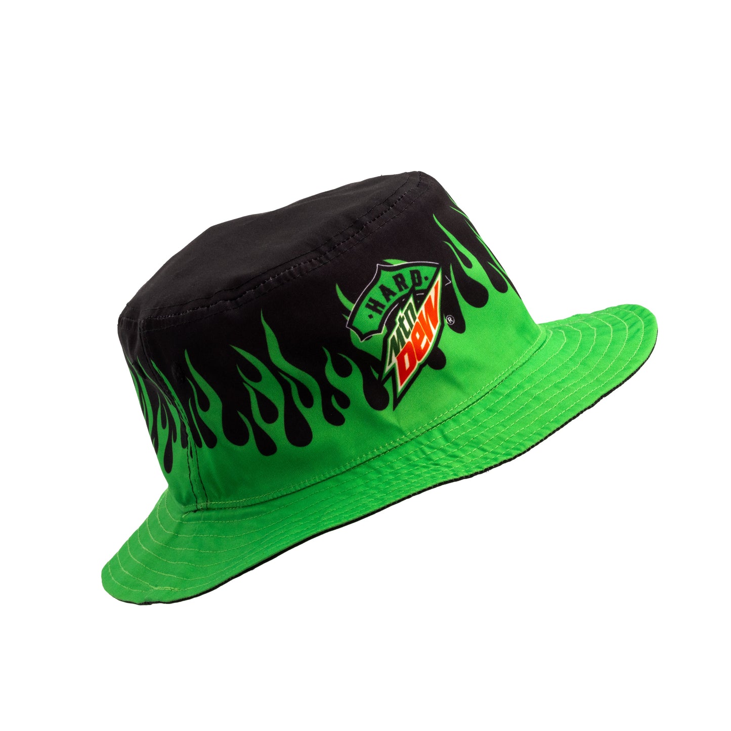 Black and green flame-patterned bucket hat featuring the Hard Mountain Dew logo. The design incorporates vibrant flame graphics and branded elements.