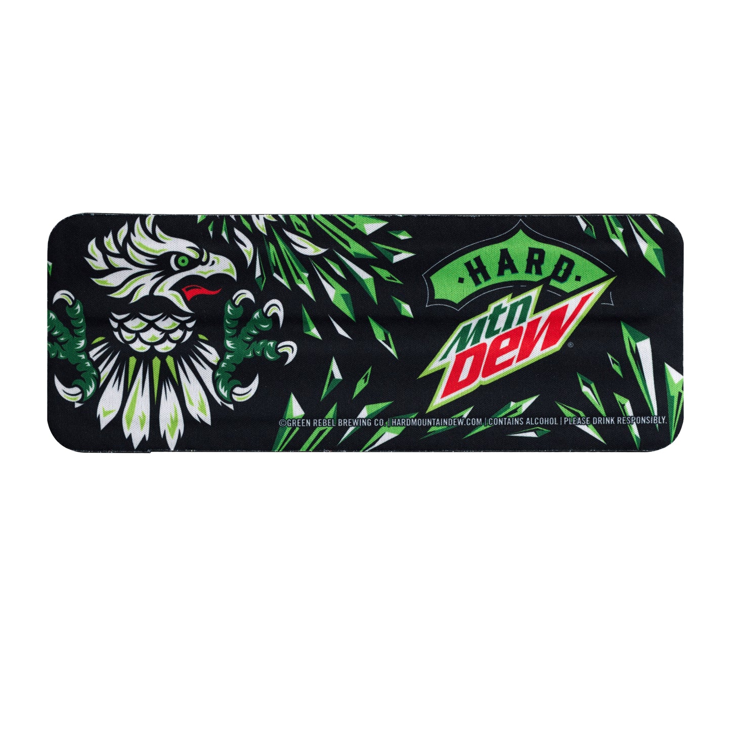 Unfurled slap-style can cooler displaying the full design, featuring a green and white eagle graphic and the Hard Mountain Dew logo. The complete artwork is visible on a black background.