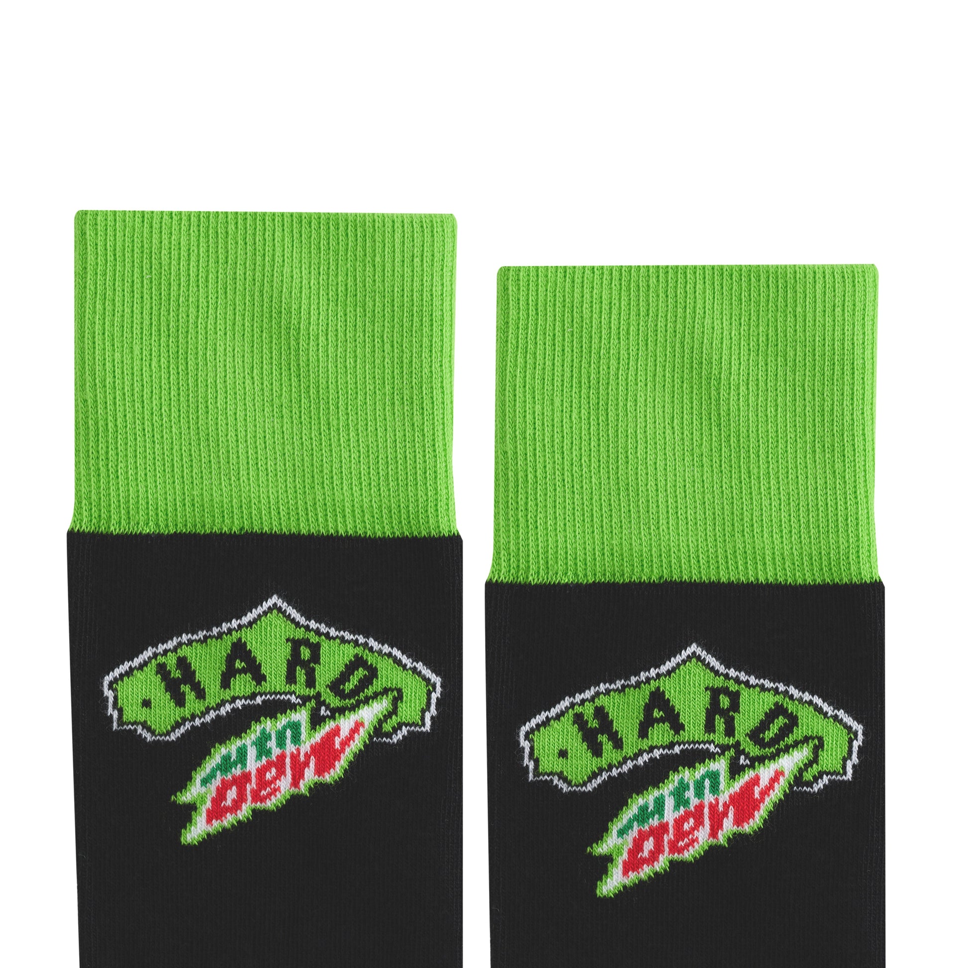 Close-up of the Hard Mountain Dew logo and the bright green cuffs on the socks. The logo is prominently displayed on the ankle portion, with the vivid green detailing visible on the cuff.