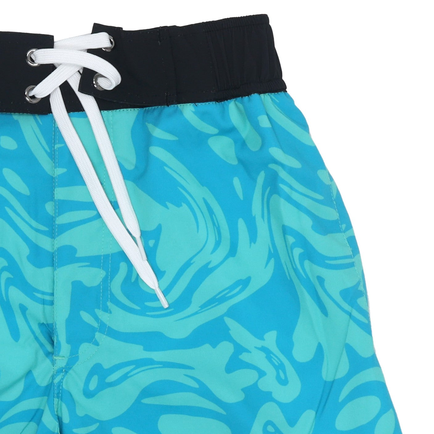 Close-up of the water pattern on the swim trunks, showcasing the tonal teal and light blue design with abstract water-like textures.