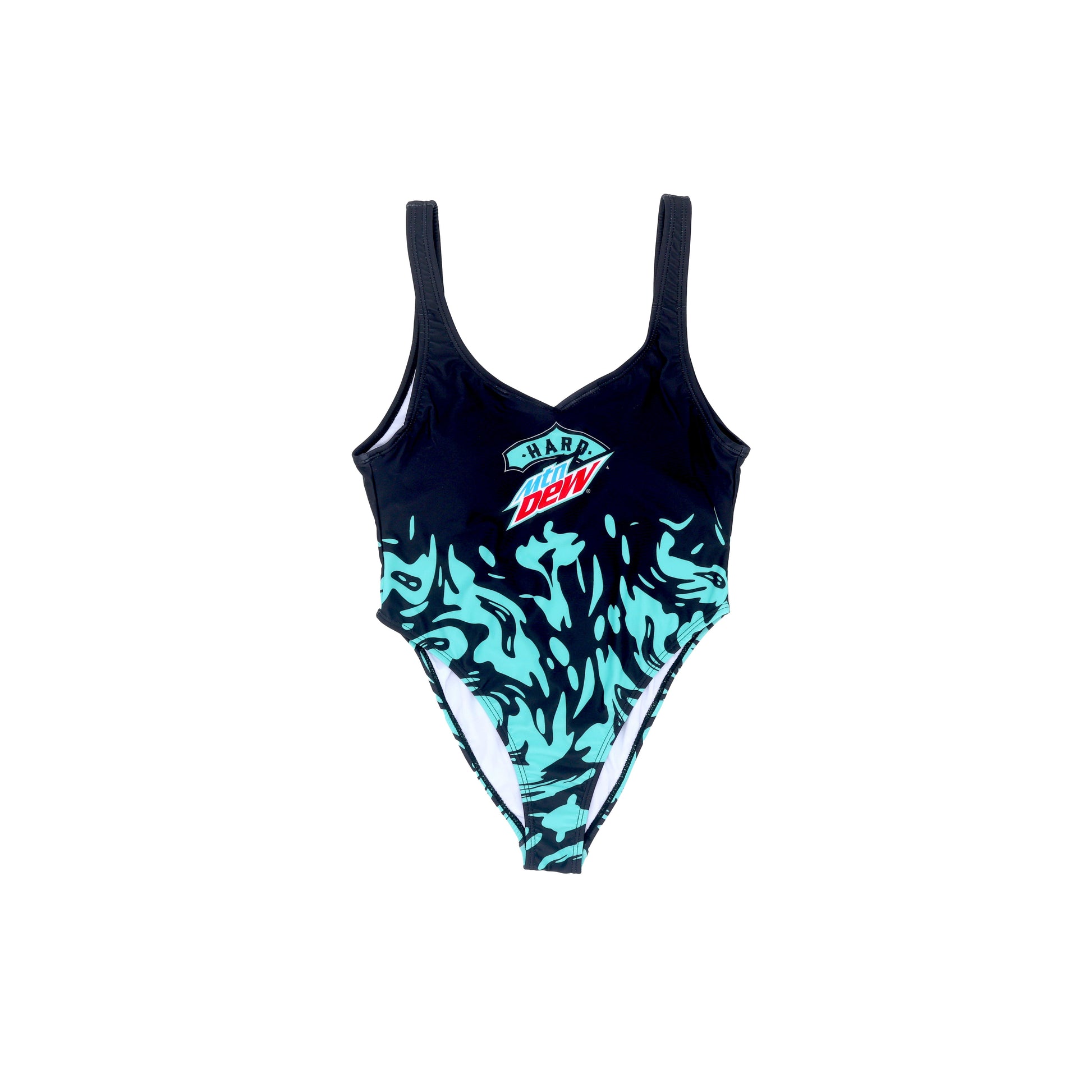 One-piece swimsuit with a split design at the waist. The top is solid black with a teal and red Hard Mountain Dew logo in the center. The bottom features a light teal water pattern against a black background.