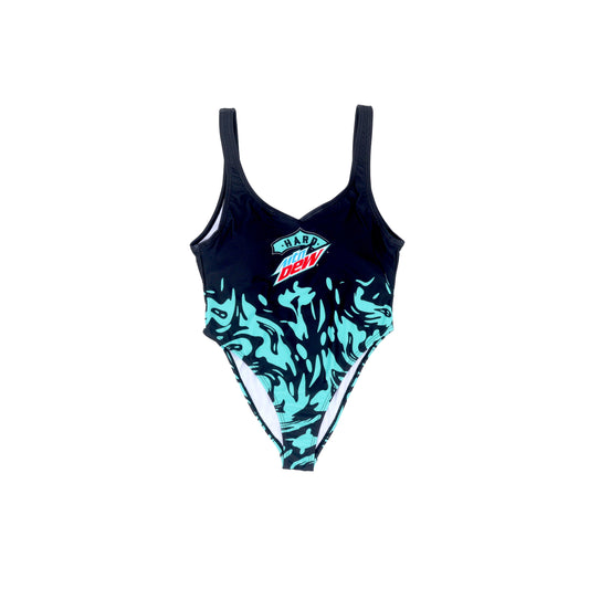 One-piece swimsuit with a split design at the waist. The top is solid black with a teal and red Hard Mountain Dew logo in the center. The bottom features a light teal water pattern against a black background.