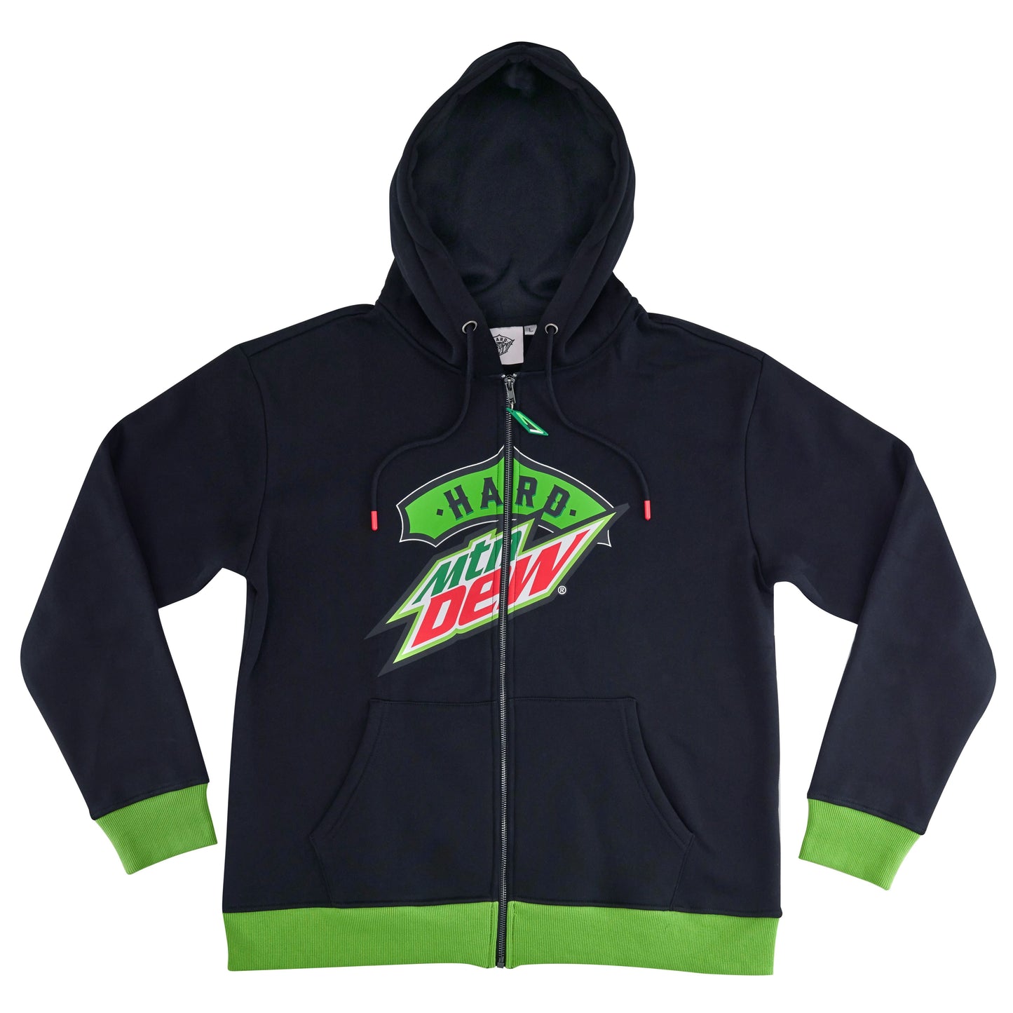 Flat lay of a Hard Mountain Dew zip-up hoodie sweatshirt. The knit cuffs and hem are neon green. It features red plastic tips on the drawstrings and a custom neon green zipper pull. A large Hard Mountain Dew logo spans across the zipper on the chest.